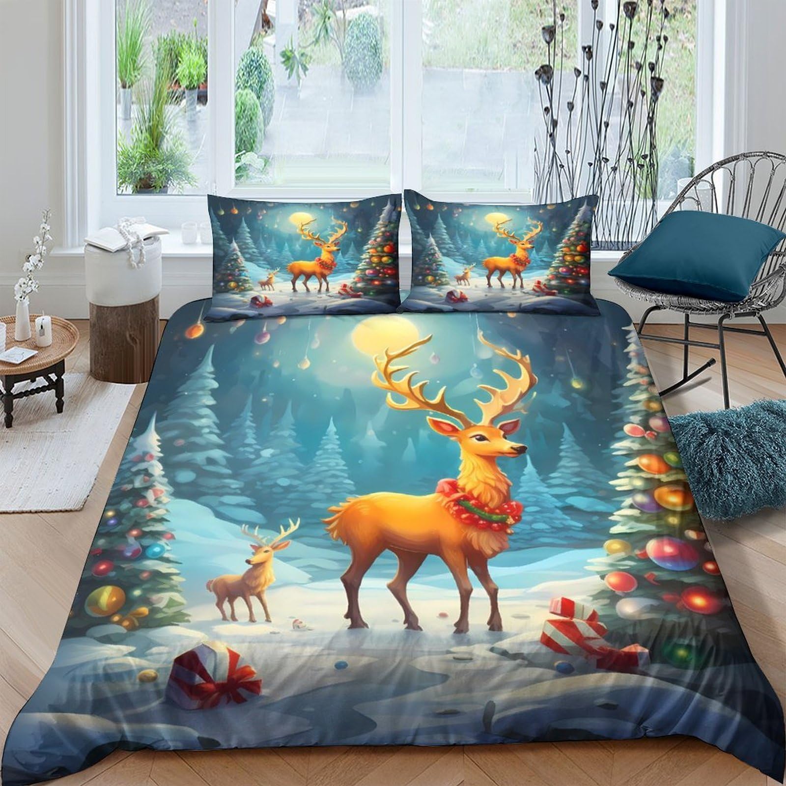P5V6M1Q9 3D Printed Christmas Reindeer Duvet Cover Microfiber Soft Forest Winter Bedding Set with 2 Pillowcases for Bedroom Decor Single（135x200cm）