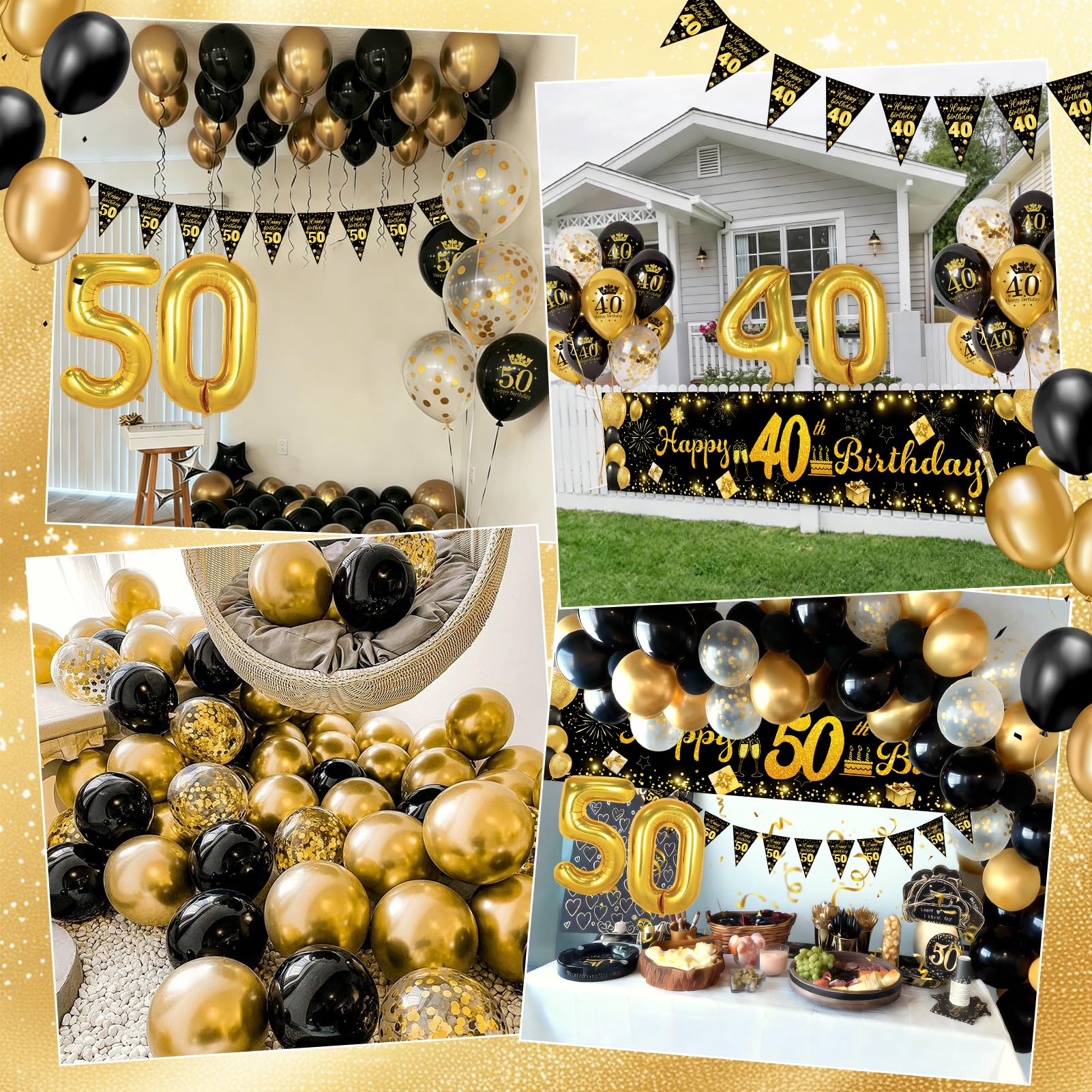 Palloncini 50 Anni Compleanno Donna Uomo, 50 Anni Decorazioni Oro e Nero, Festone Buon Compleanno, Feste di Compleanno Sfondo Fotografico Tessuto per Compleanno 50 Anni Feste