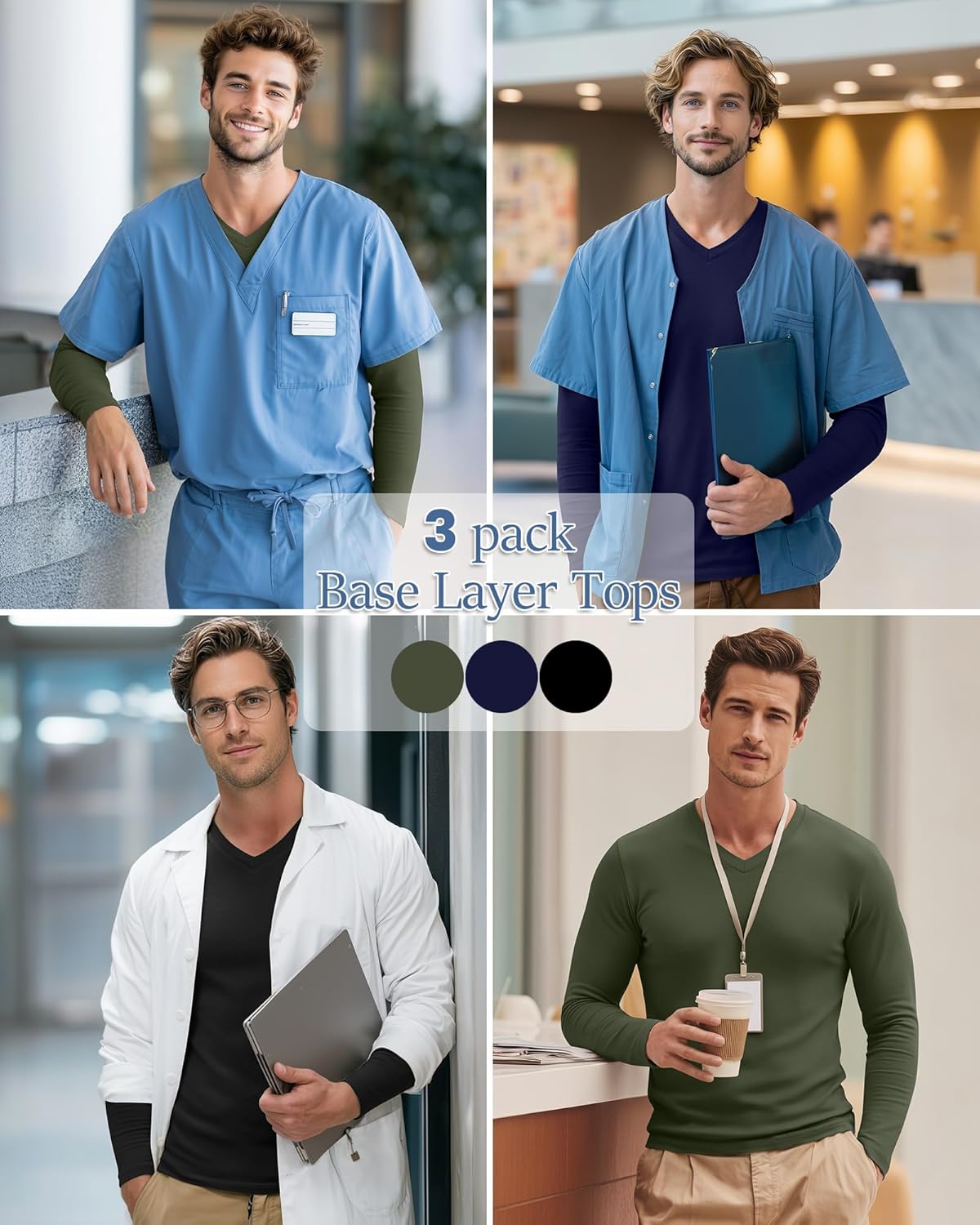 3 Pack Men's Long Sleeve Underscrub Nurse V Neck Scrub Undershirts Fitted Base Layer Tees for Medical Uniforms - Image 2