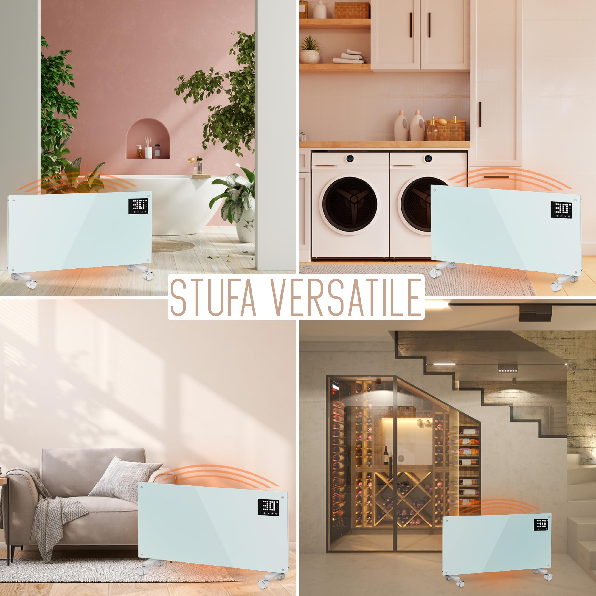 Calefactor eléctrico de baño, bajo consumo 2000 W (modo Eco 1000 W), termoconvector con ruedas + montaje en pared, cristal templado, pantalla + temporizador + mando a distancia, con termostato