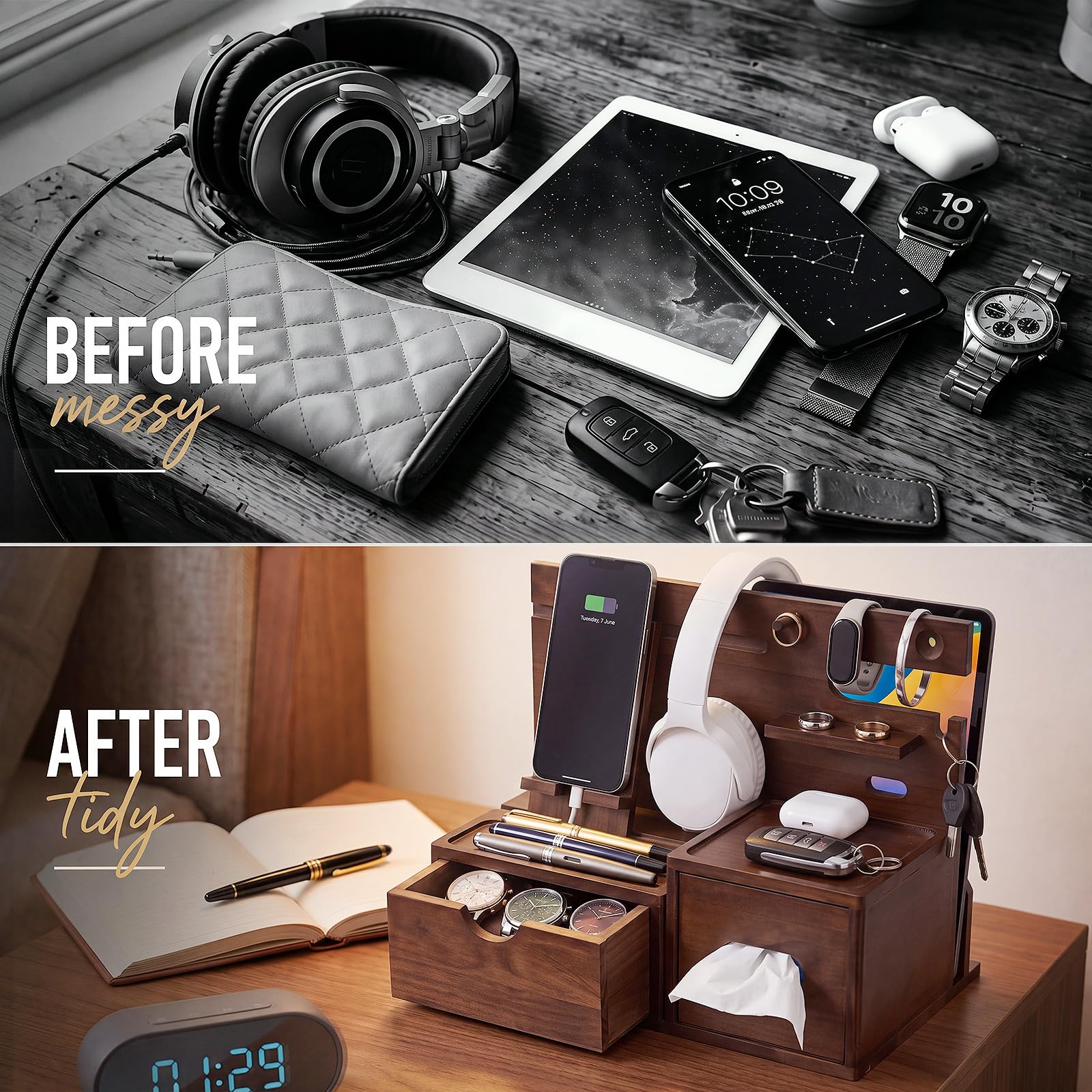 Junkin Station d'accueil de téléphone en bois de pin pour homme - Multifonction - Organisateur de bureau ou de table de nuit - Cadeau unique pour mari, père, pour téléphone, montre, clés, lunettes