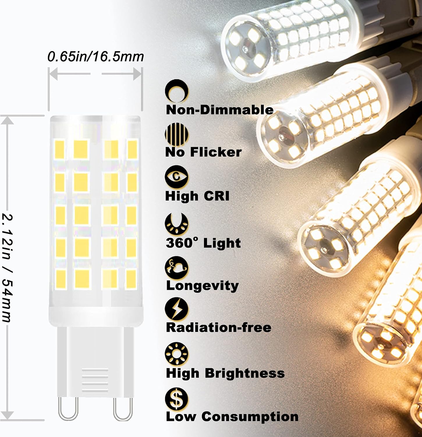 Diagram showing ALIDE G9 LED bulb dimensions and key features