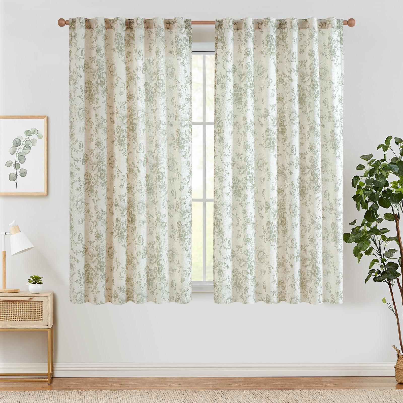 TOPICK Set di 2 tende floreali effetto lino, 210 x 140 cm (altezza x larghezza), colore: verde e beige | Tende traslucide per soggiorno, stile rustico, oscuranti, con tunnel e passanti nascosti