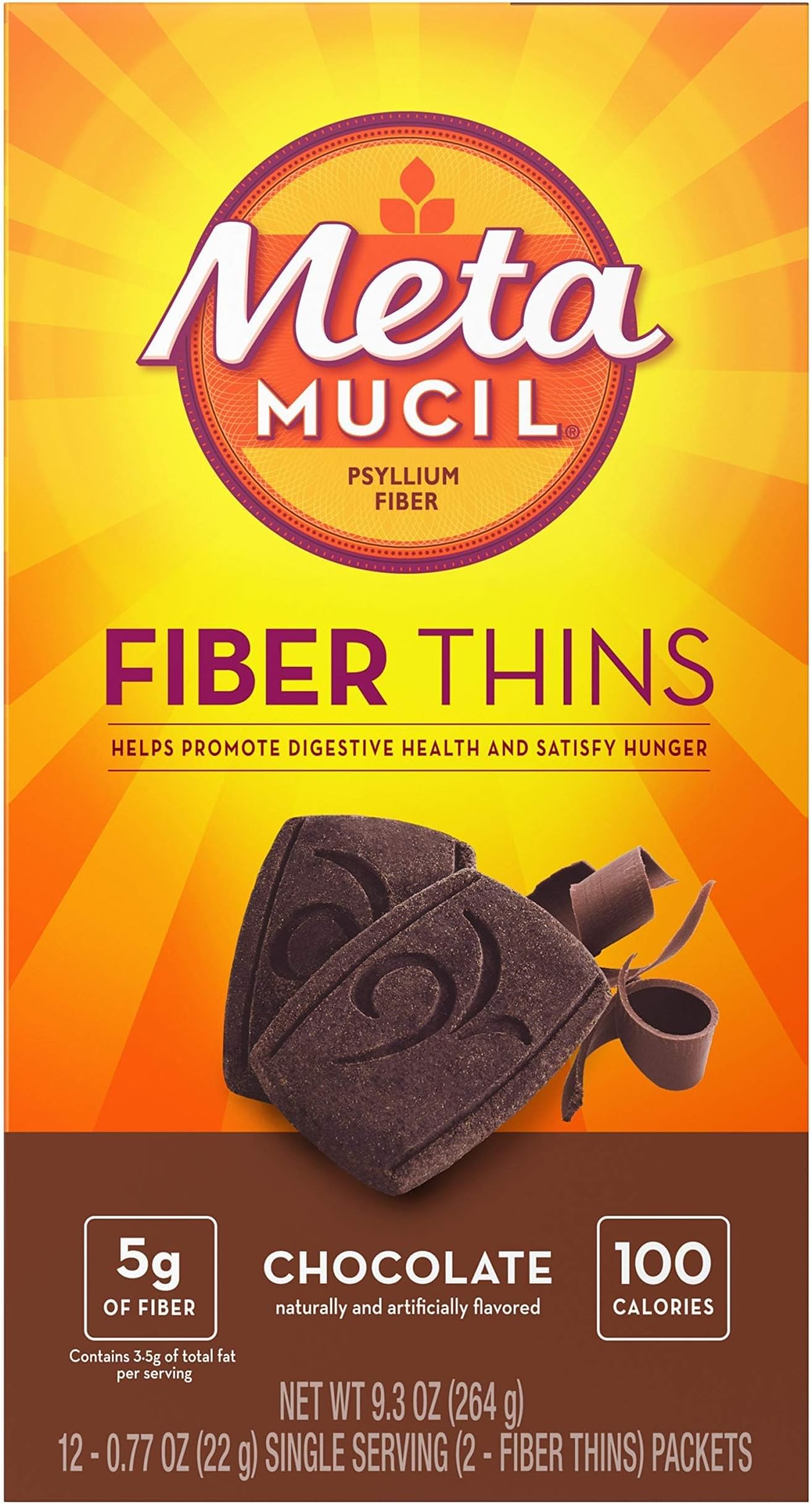 Fiber Thins, Psyllium Husk Fiber Supplement, Digestive Health Support and Satisfy Hunger, Chocolate Flavored, 12 Servings