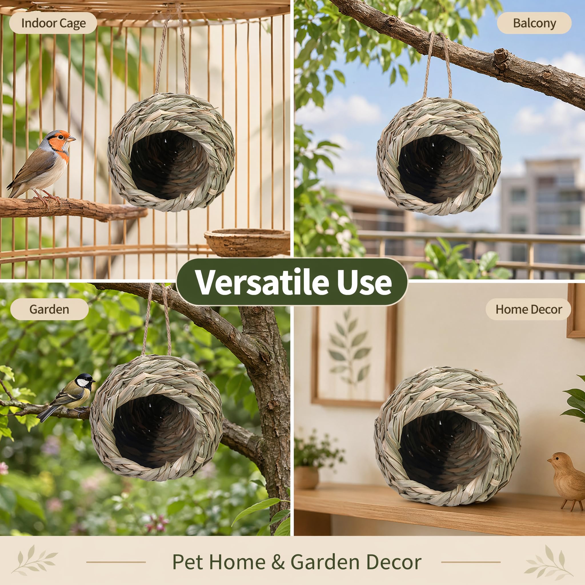 Nido Per Uccello Erba Casetta, 2 Pezzi, 12 x 12 x 9 Cm | Intrecciato a Mano Con Erba Naturale, Casetta Sospensabile, Ideale Per Colibrì, Cocorite e Uccelli Selvatici Di Giardino