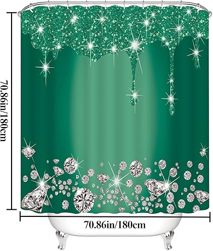 Miniatura 2 de Juego de 4 cortinas de ducha de diamantes con purpurina, decoración de baño de goteo verde oscuro brillante con alfombra y cubierta para tapa de
