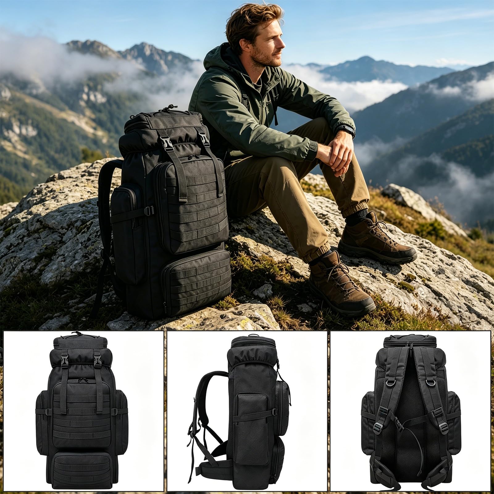 80L Campeggio trekking zaino, 80 litri di grande capacità di corsa esterna Arrampicata Alpinismo Bagaglio a mano Borsa zaino, Trekking Zaino in spalla per le donne degli uomini, nero