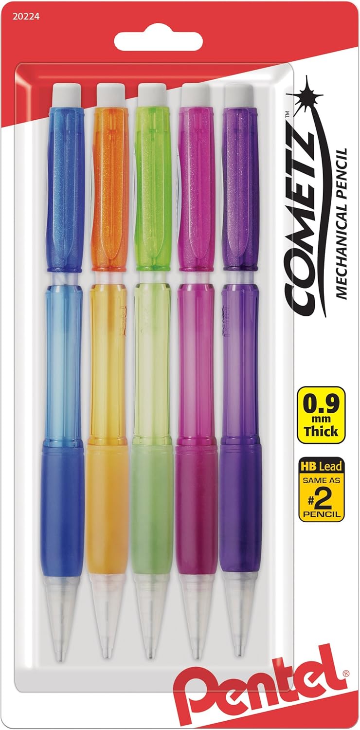 Pentel Comets Automatic Pencil, 0.9mm, Assorted Barrels, 5