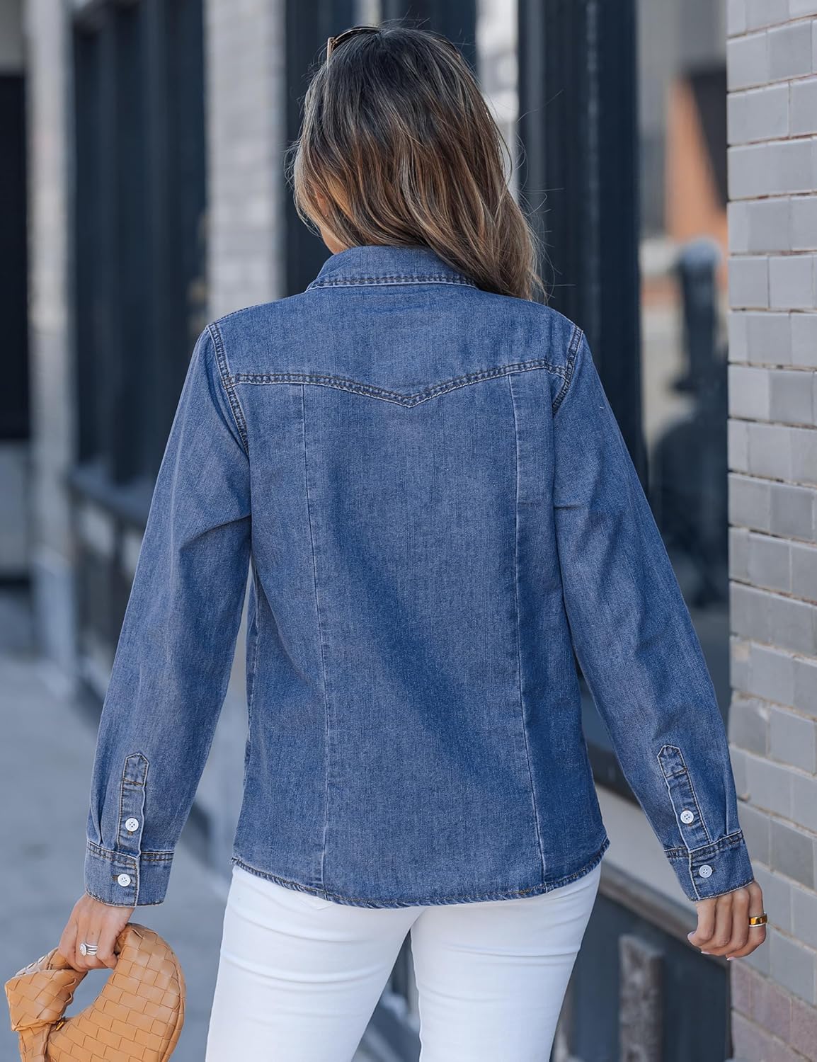 luvamia Denim Shirts for Women Long Sleeve Button Down Chambray Relaxed Fit Western Jean Shirts Casual Collared Jean Top