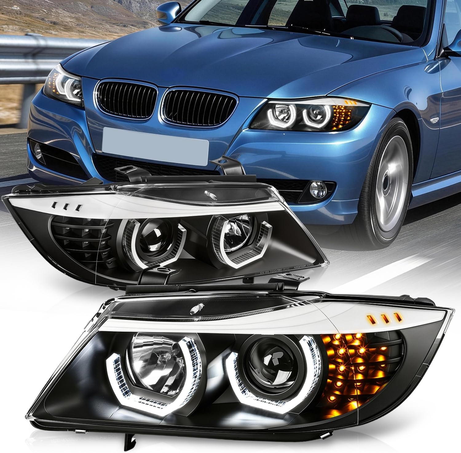 Auto Dynasty LED Halo Headlights Assembly Compatible with 2009-2012 BMW E90 320i 323i 325i 4-Dr Sedan, Left and Right Side, 3D Dual Crystal U-Halo, Projector Low Beam, LED Turn Signal, Black Housing