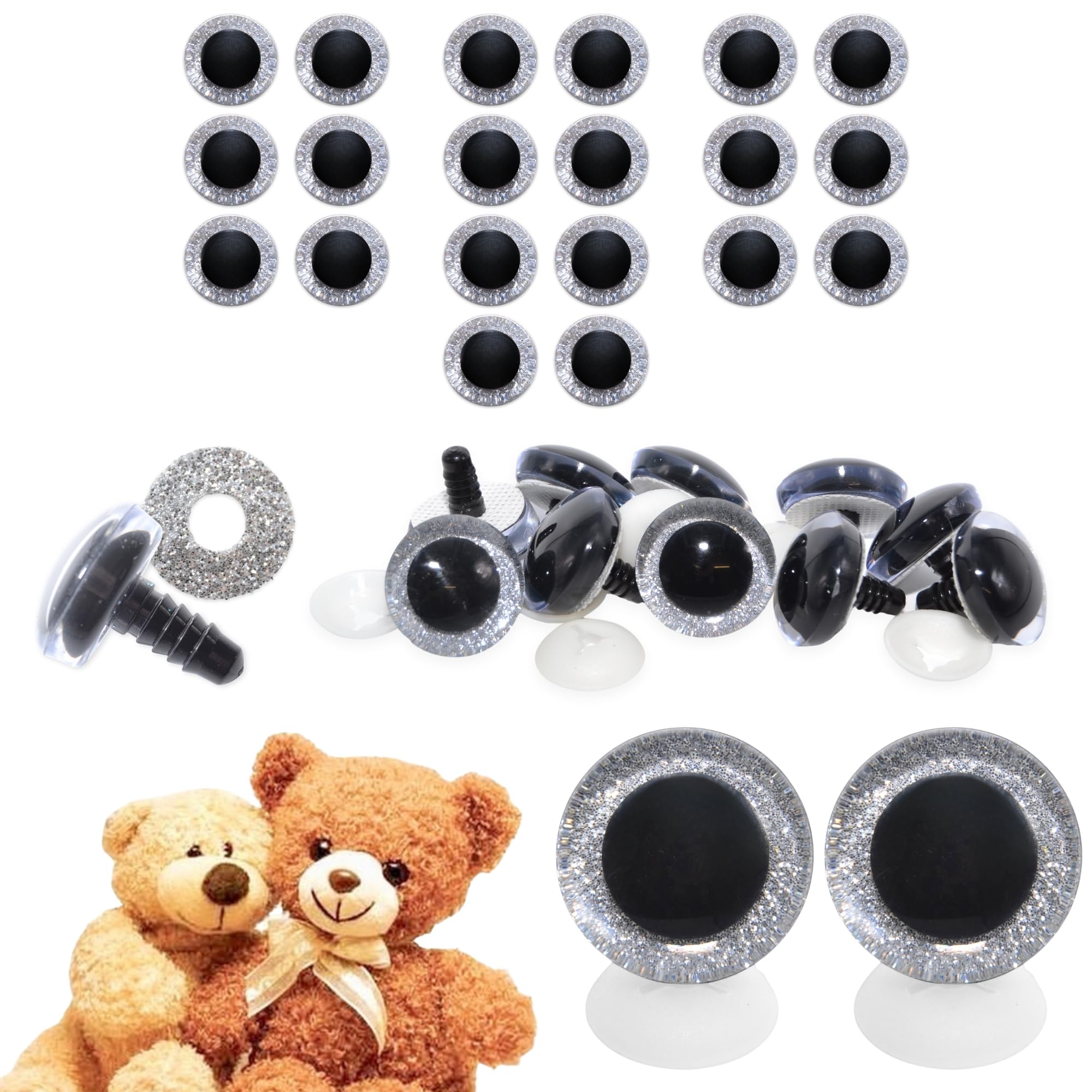 celloexpress 30mm Silver 3D Glitter Eyes with Plastic Backs - Sparkle Safety Eyes for Soft Toy Teddy Bear Animal Making (Pack of 10 Pairs) — image 1