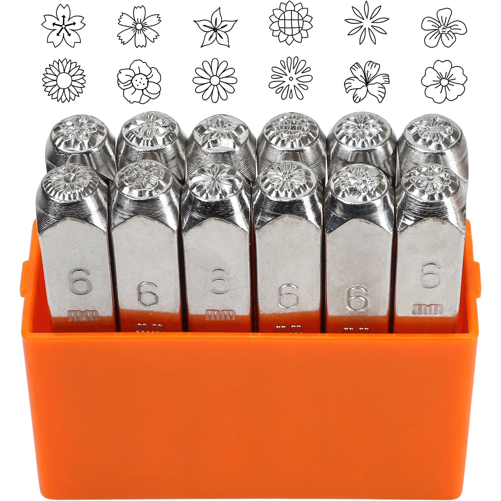 12 Pcs Flower Leather Stamp Metal Tool Set 1/4''(6mm) Steel Flower Imprinting Punch for Jewelry Making Craft, DIY Craft Decoration Making Floral Design Embossing