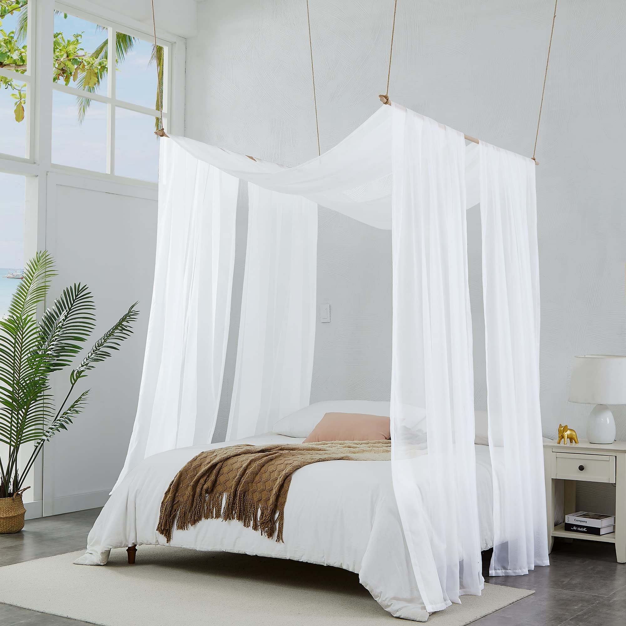 WARM HOME DESIGNS Zestaw 2 biało-białych zasłon z baldachimem o wymiarach 140 x 900 cm. 2 zasłony do łóżka king-size, można zamienić w łóżko dziecięce, dziesięć lub baldachim do łóżka dla dziewcząt.