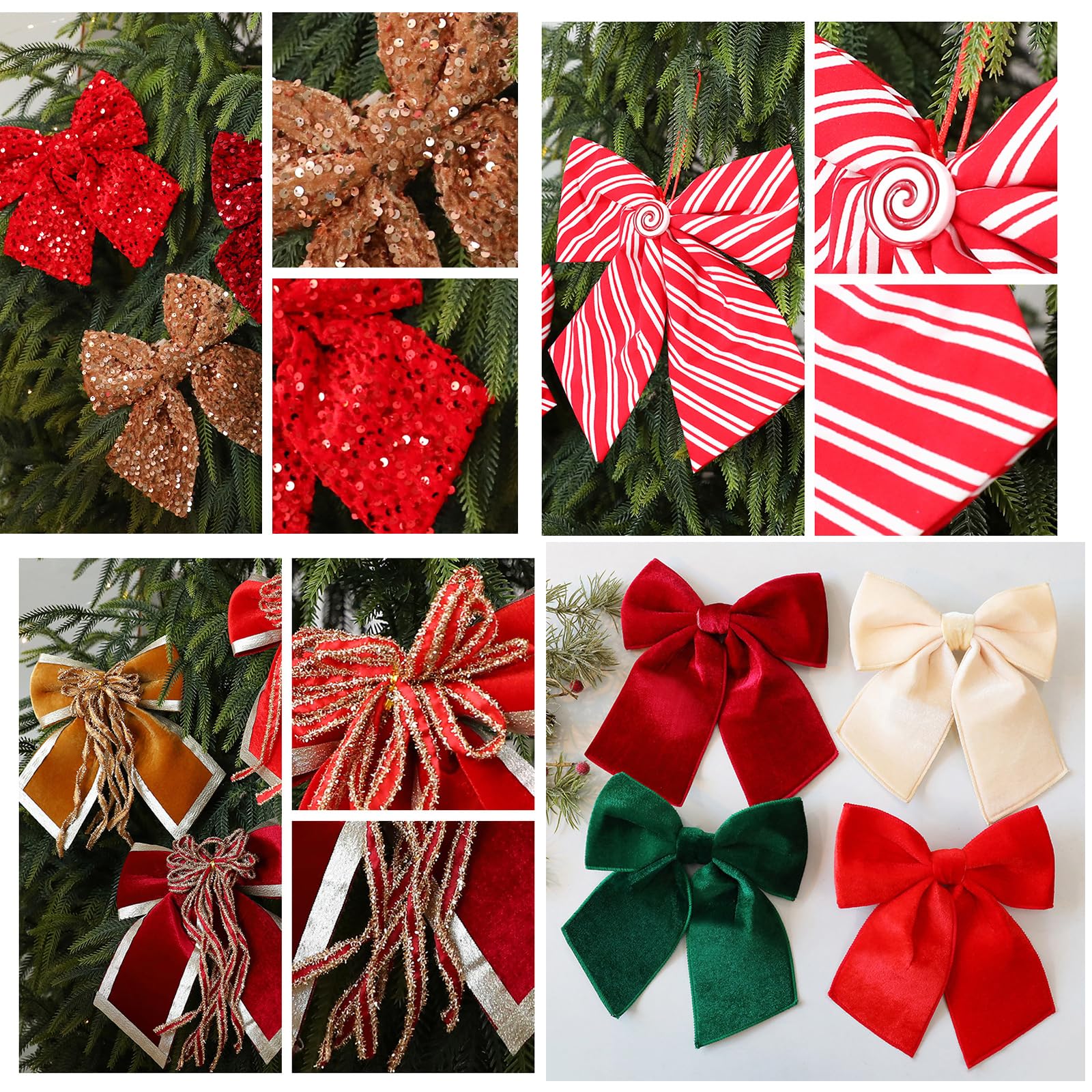 Lazos de Navidad con purpurina, para árbol de Navidad, lazos de terciopelo, decoración