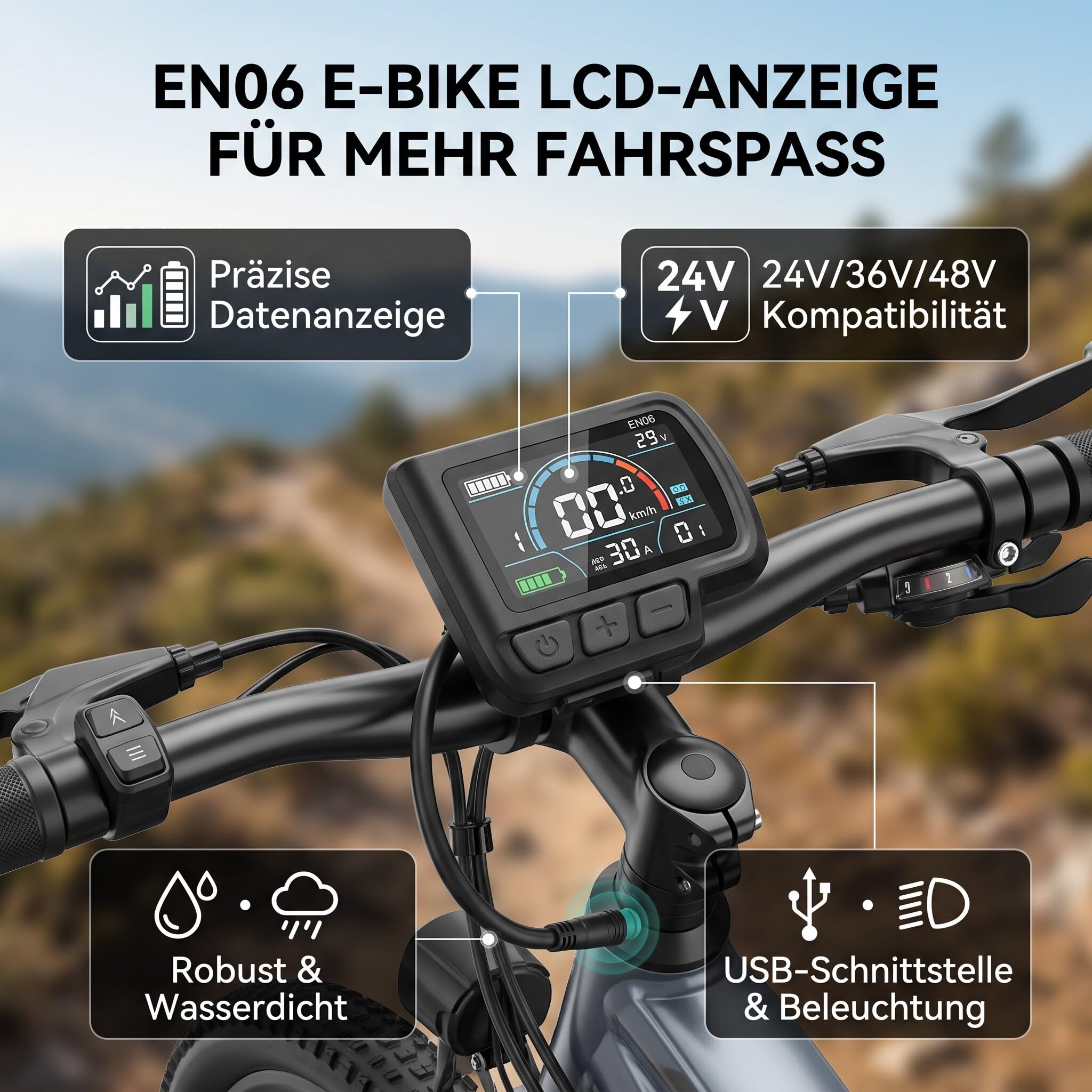 Ejoyous Display LCD per Bici Elettrica, Display per Bici Elettrica EN06 con Display della velocità di Alimentazione USB per Connettore Impermeabile per Scooter da Mountain Bike per Bici