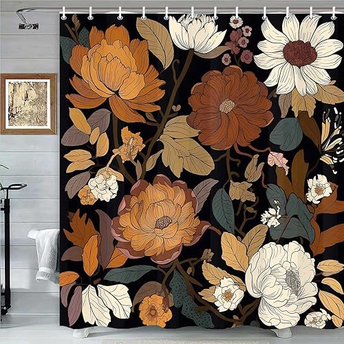 Miniatura 2 de Cortina de ducha con diseño floral bohemio, de mediados de siglo, con flores abstractas, botánicas, hojas estéticas, tela impermeable, accesorios de