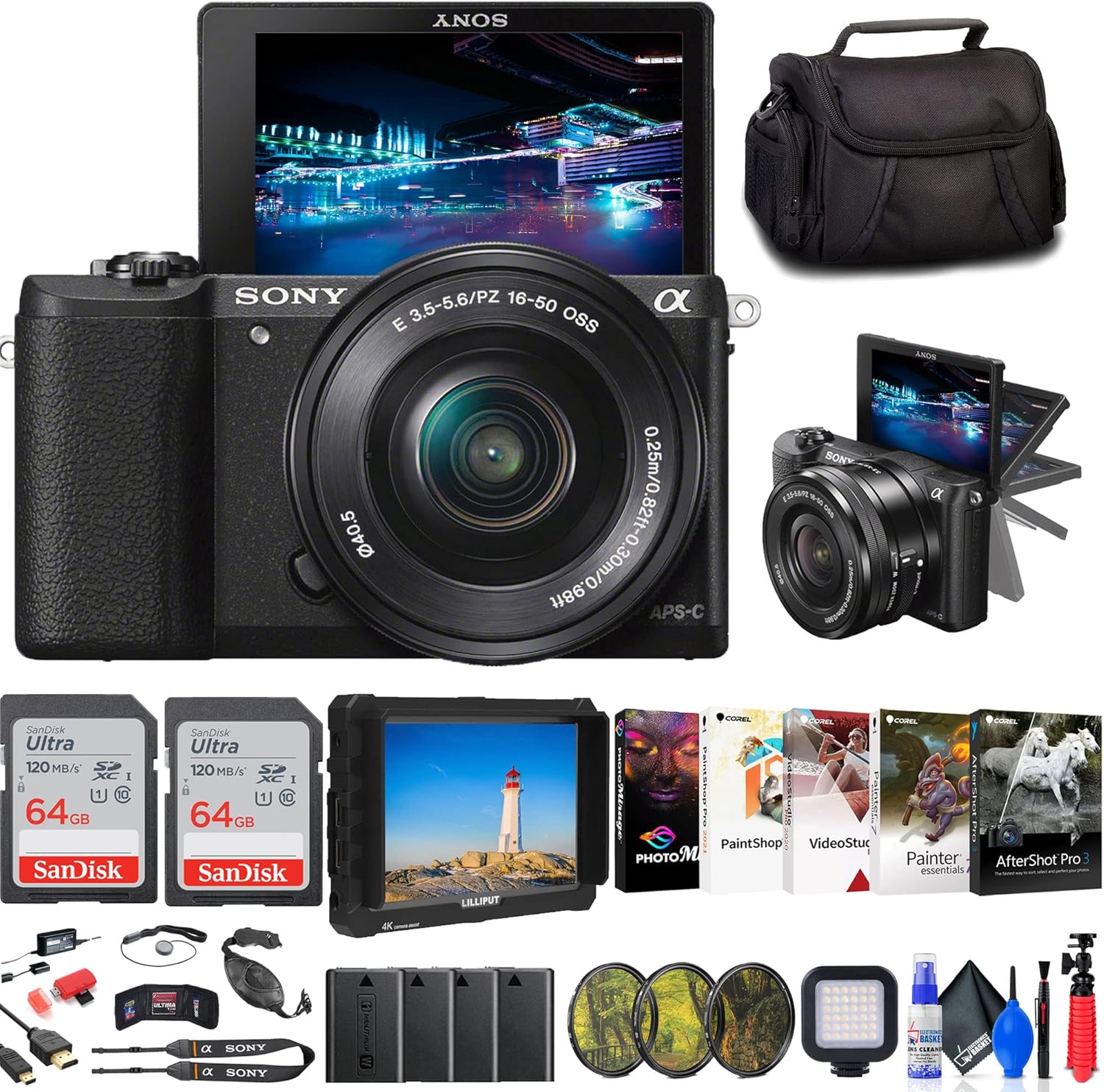 Sony Alpha a5100 Mirrorless Digital Camera with 1650mm Lens (Black) + 4K Monitor