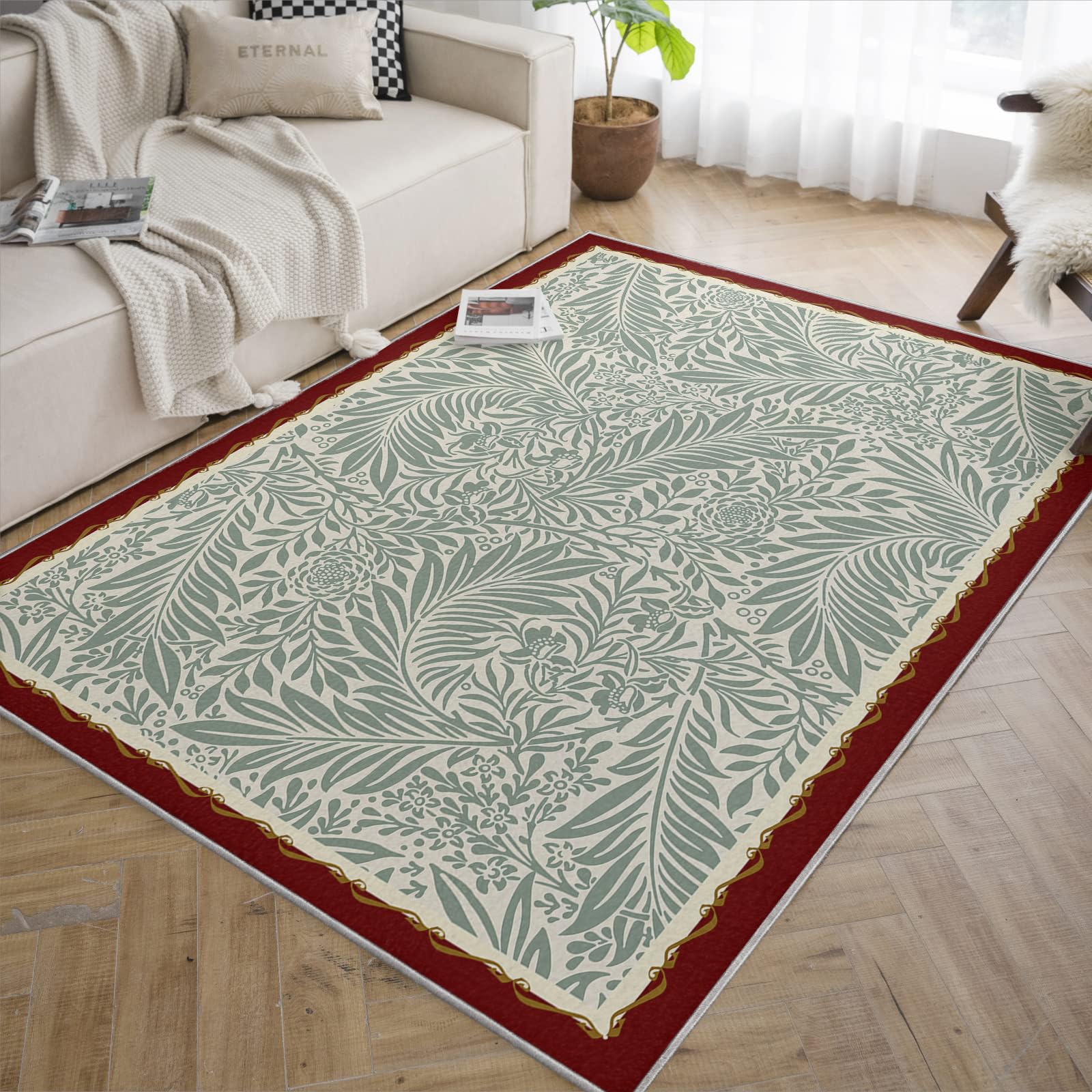 Miękki zielony dywan w kwiaty nadający się do prania 200x280cm Vintage wzór szałwiowy dywan z niskim włosiem 200 x 280 cm Wzór szałwii