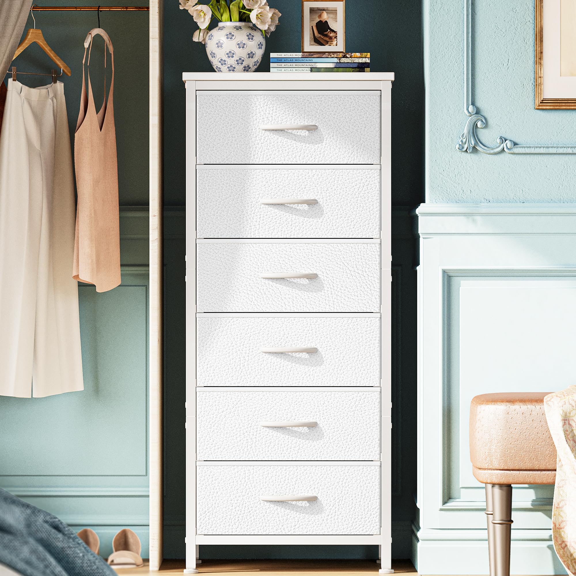 huuger 43.3 inch tall dresser for bedroom, 6 drawer dresser & chests of drawers, fabric dresser for closet, bedroom, night stand, end table with metal frame, storage tower with fabric bins, white