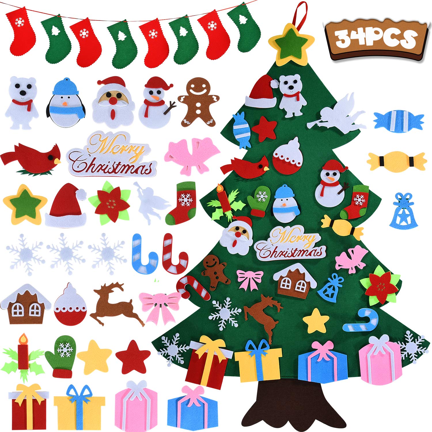 DIY Felt Christmas Tree, Kids Christmas Tree with 34pcs Detachable Ornaments, for Kids, Christmas & New Year Door Wall Hanging Decorations