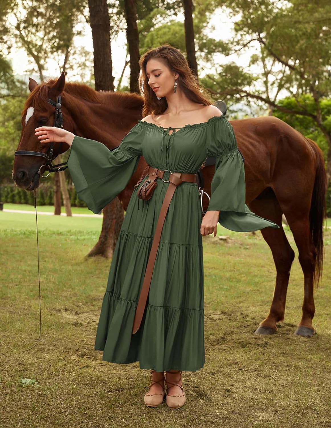 Scarlet Darkness Renaissance Costume Women Off Shoulder Bell Sleeve Tiered Maxi Dress - Image 9