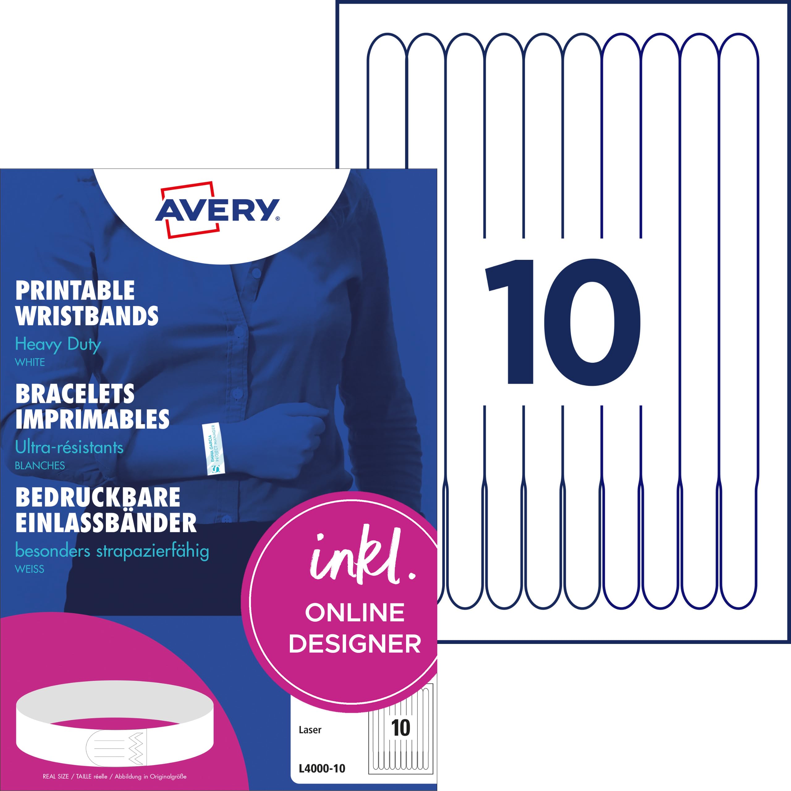 AVERY Zweckform L4000-10 Einlassbänder 100 Stück (265x18mm, individuell bedruckbare Eintrittsbänder, wasser- und reißfest, sicherer Klebeverschluss, Event Armbänder, Securebänder) 10 Blatt, weiß