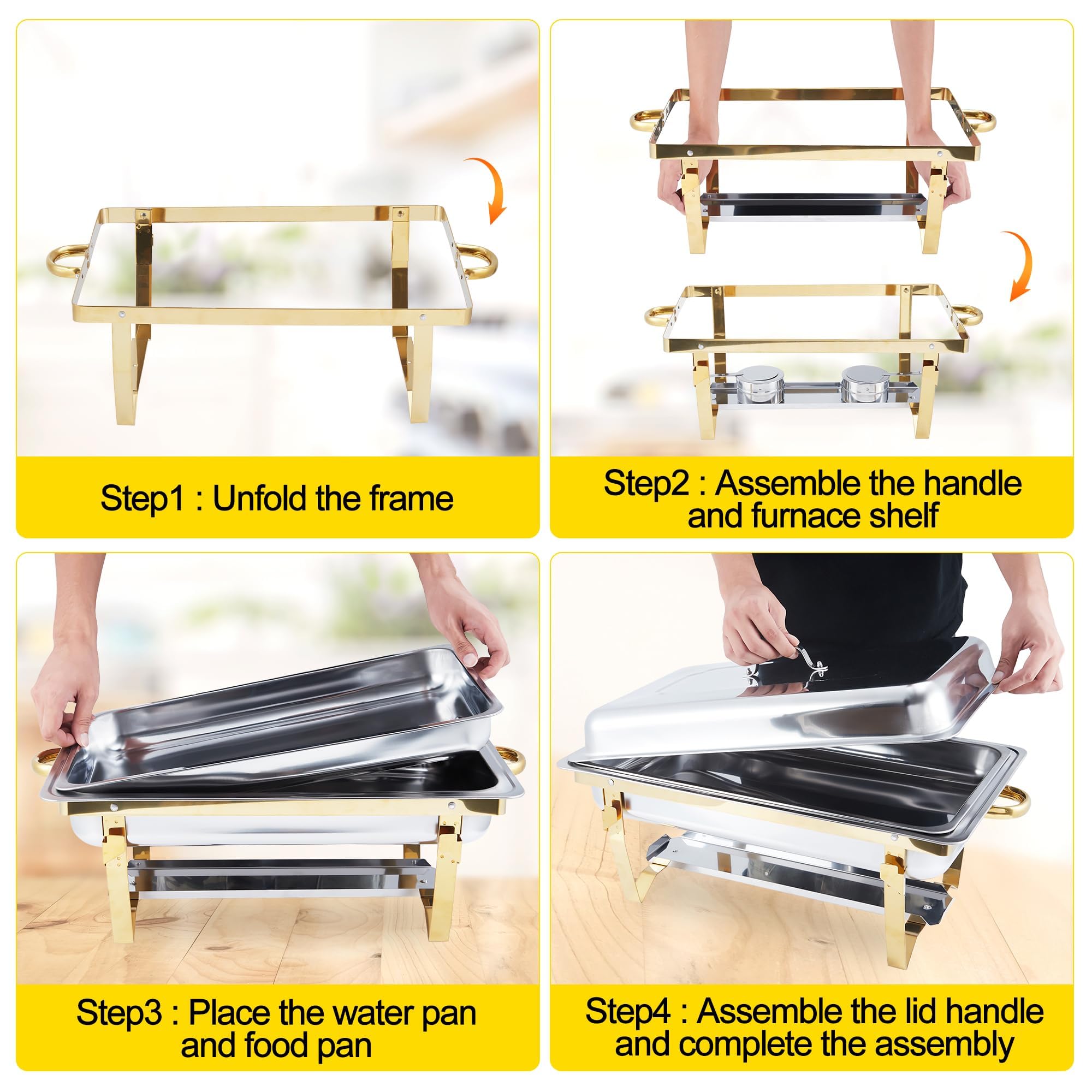 Garvee Set de 4 bandejas rectangulares para Buffet de 8L – Acero Inoxidable Dorado – Calienta Alimentos con Tapa y Soporte Plegable – para Catering, Fiestas, Bodas y restaurantes – 4 Piezas, Dorado,