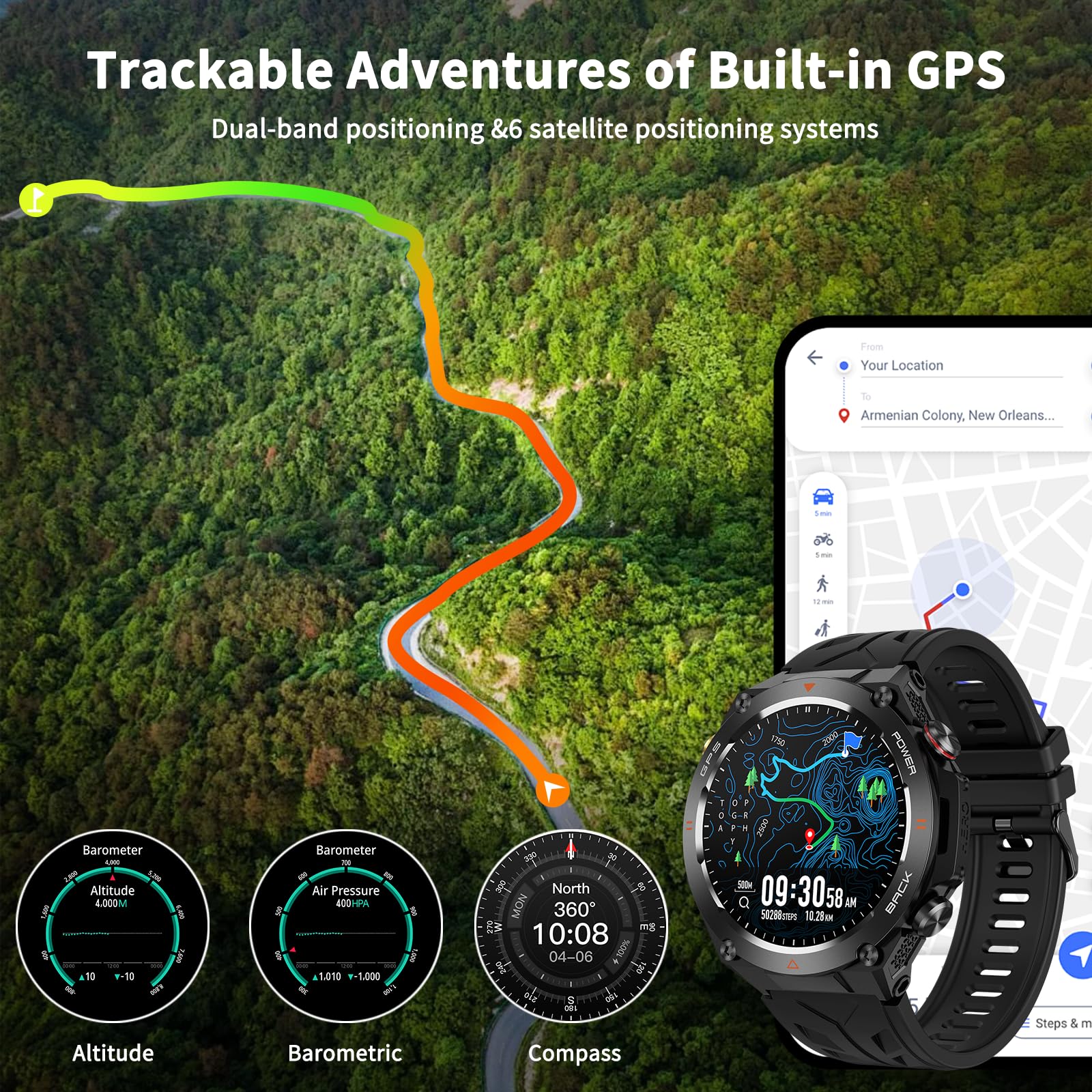 Reloj inteligente militar con GPS, presión/altitud/brújula, reloj inteligente resistente para hombres con batería extra grande de 650 mAh, contestar/hacer llamadas, más de 100 modos deportivos