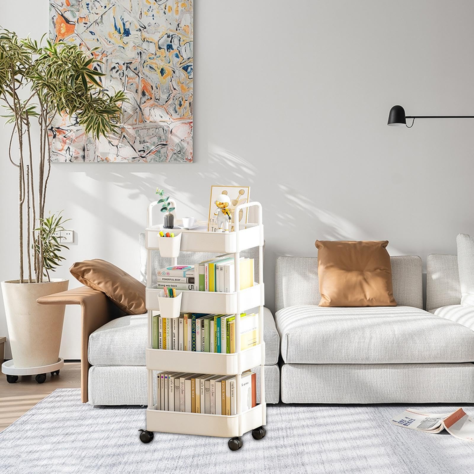 Carrello con rotelle, carrello di rotolamento per riporre libri, scaffale girevole a 360 gradi, carrello portaoggetti mobile a 3 ripiani, sotto la scrivania, carrello in metallo per ufficio, bagno,