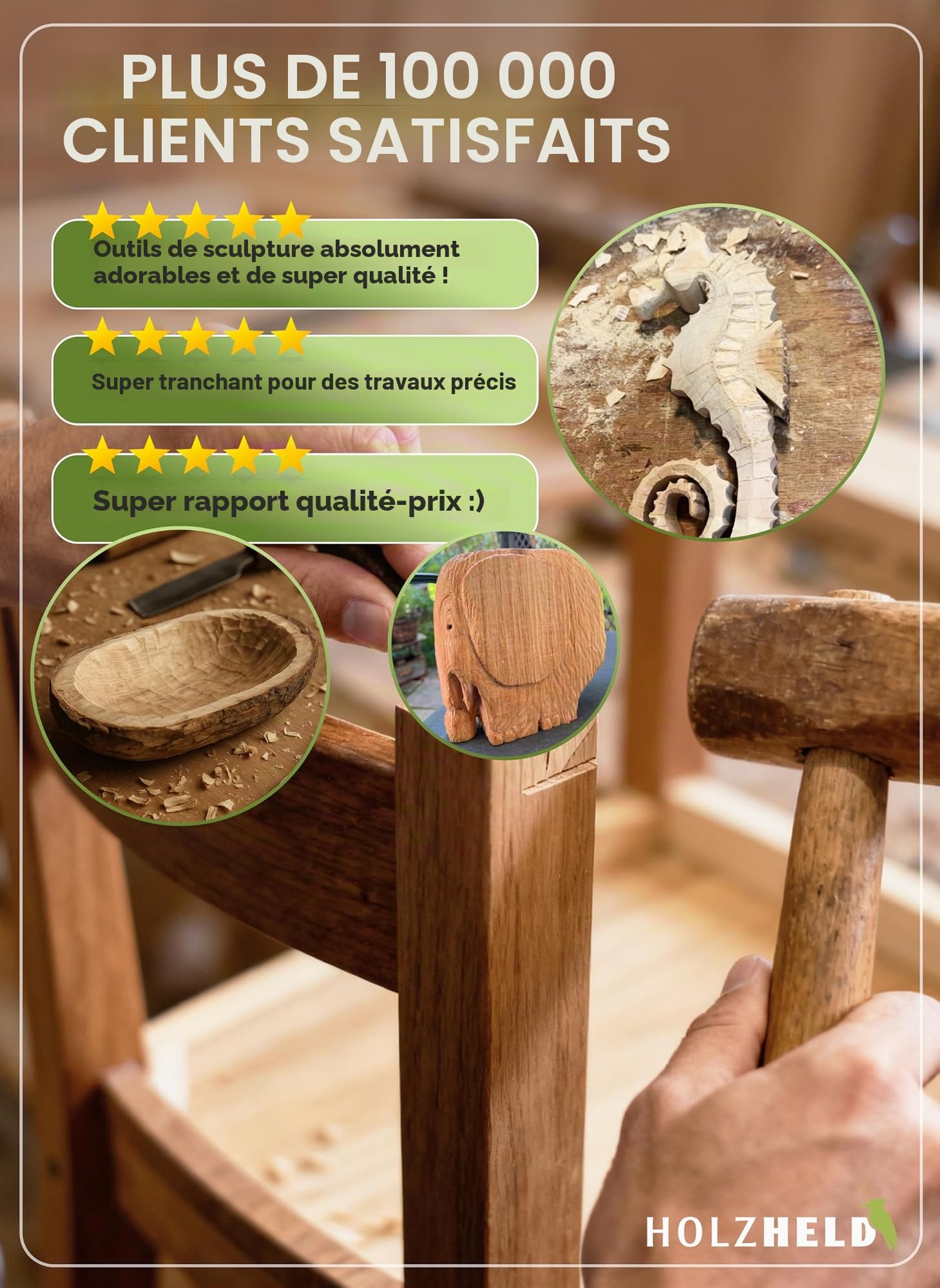 HOLZHELD - Lot de 6 ciseaux à bois en acier japonais de qualité supérieure pour le travail du bois.
