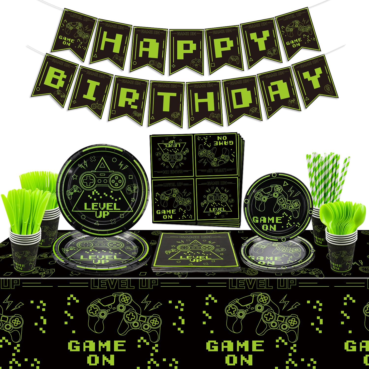 Green Video Game Party Decorations - 162Pcs Gaming Decorations Includes Game On Plates, Napkins, Cups, Birthday Banner Birthday Decorations for Boys