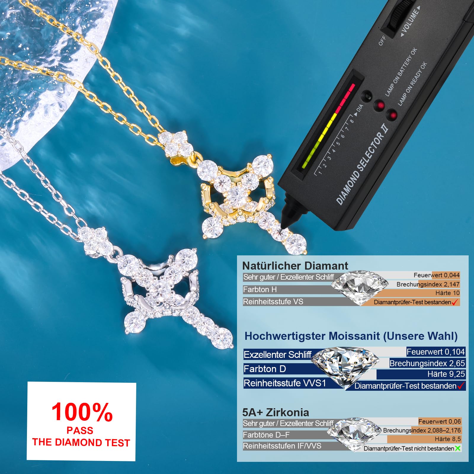 Moissanit Kreuz Kette mit Krone, 1,1 Karat, 925er Sterlingsilber mit 14 Karat Gold Vermeil, Christliche Halskette Damen