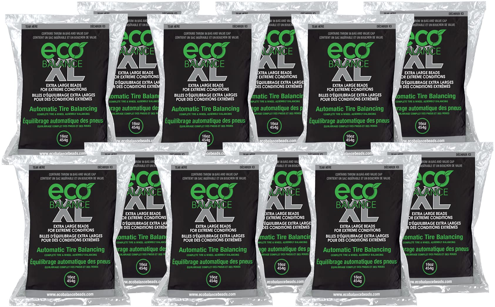 16-ECOXL12 ECO XL Extreme Condition Tire/Wheel Balancing Beads - Off-Road Vehicles, Light Duty Truck Tires, (12) 16oz Balance Bead Bags, (12) Valve Caps