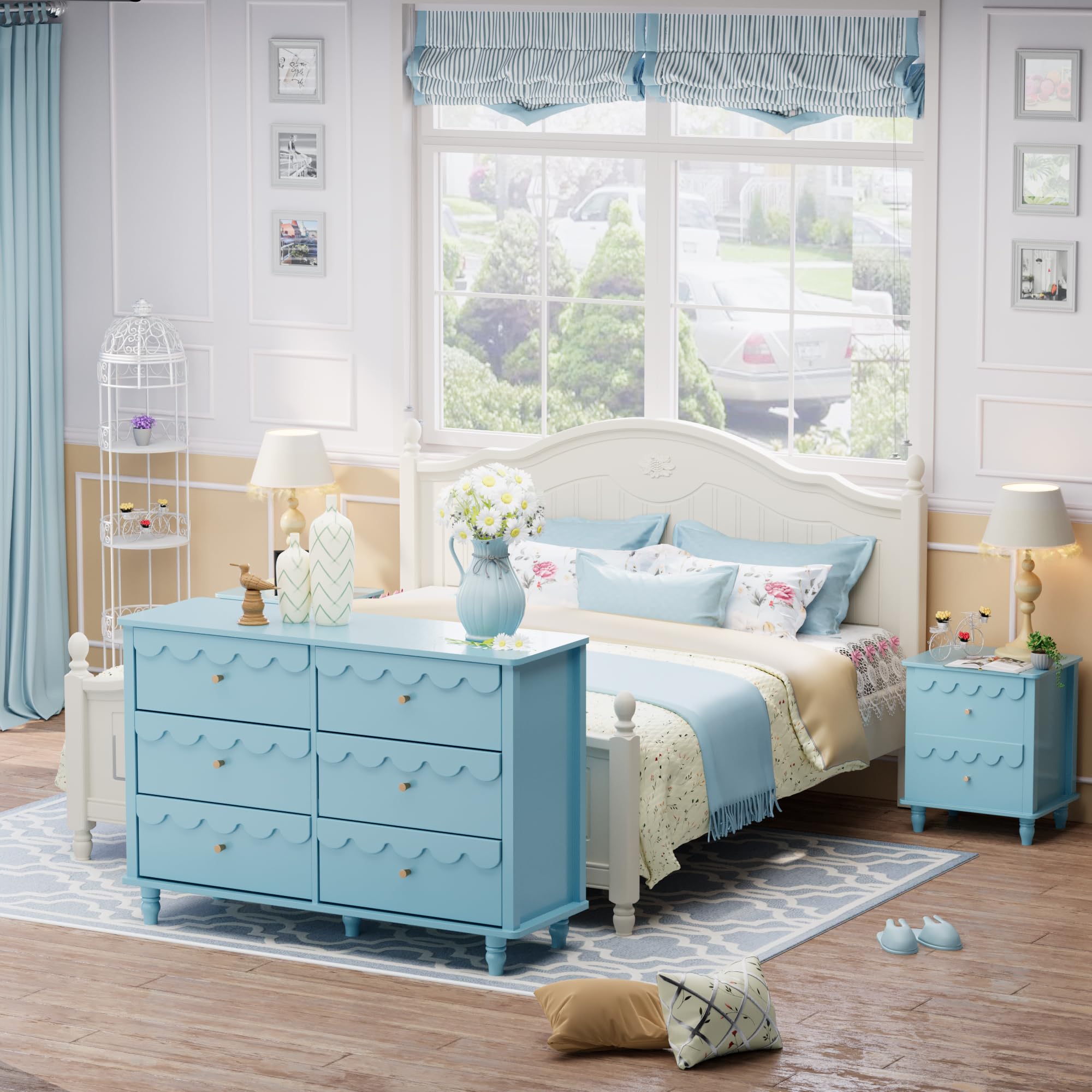 Amazon.com: Anbuy Bedroom Sets 2 PCS 6 Drawer Dresser and Night Stand Sets  for Bedroom, Two Drawers Nightstand & Scalloped 6 Drawer Dresser Combo 2  Pieces (Blue) : Home & Kitchen