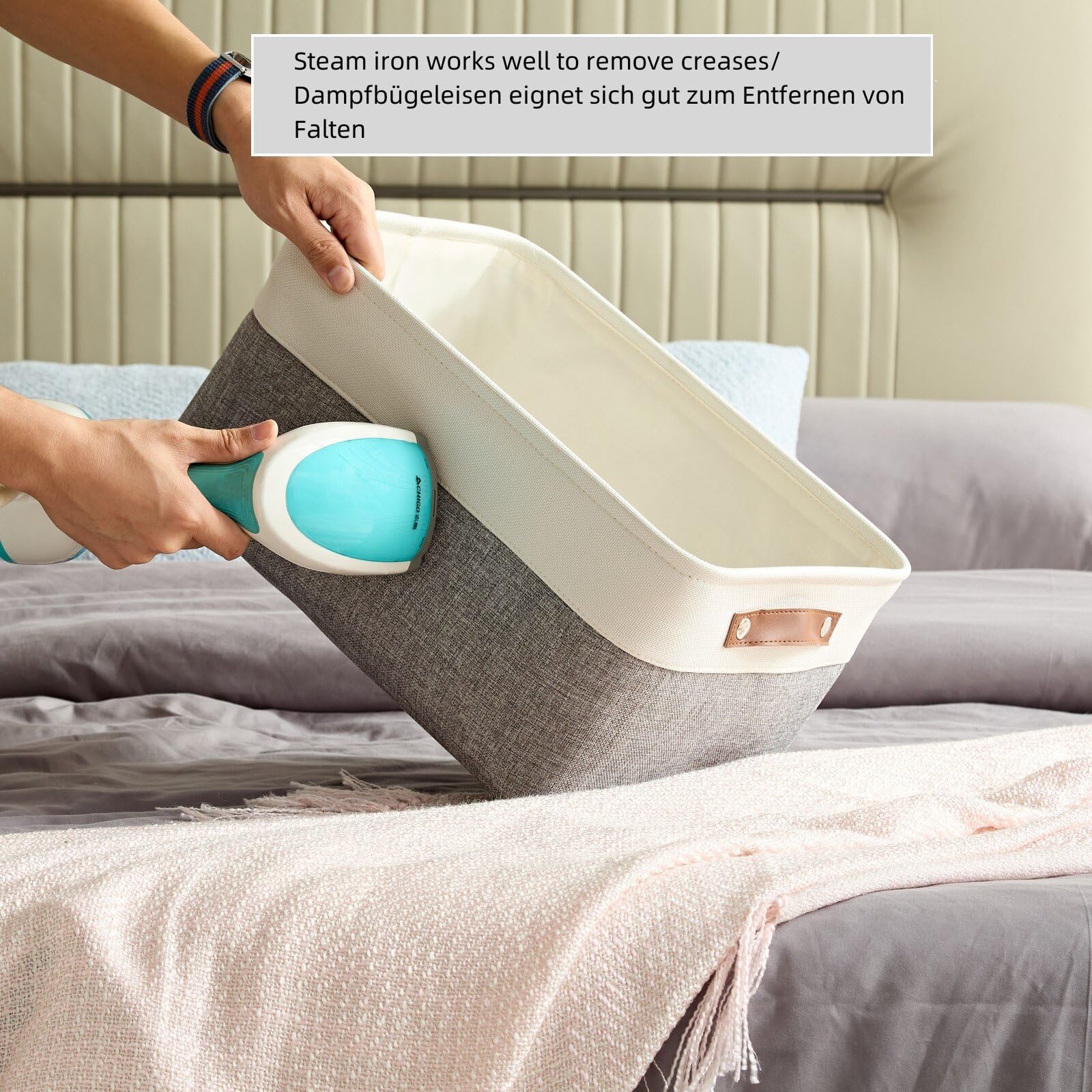Mangata - Cajas de almacenamiento jumbo de tela, [paquete de 4] cesta de almacenamiento plegable acolchada con asas para estanterías de ropa (XXL, gris/blanco)