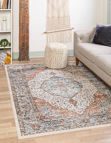 Rugs.com Nyla Collection - Alfombra ovalada mediana de 4 x 6 pies, color marfil, perfecta para salas de estar, comedores grandes, planos abiertos