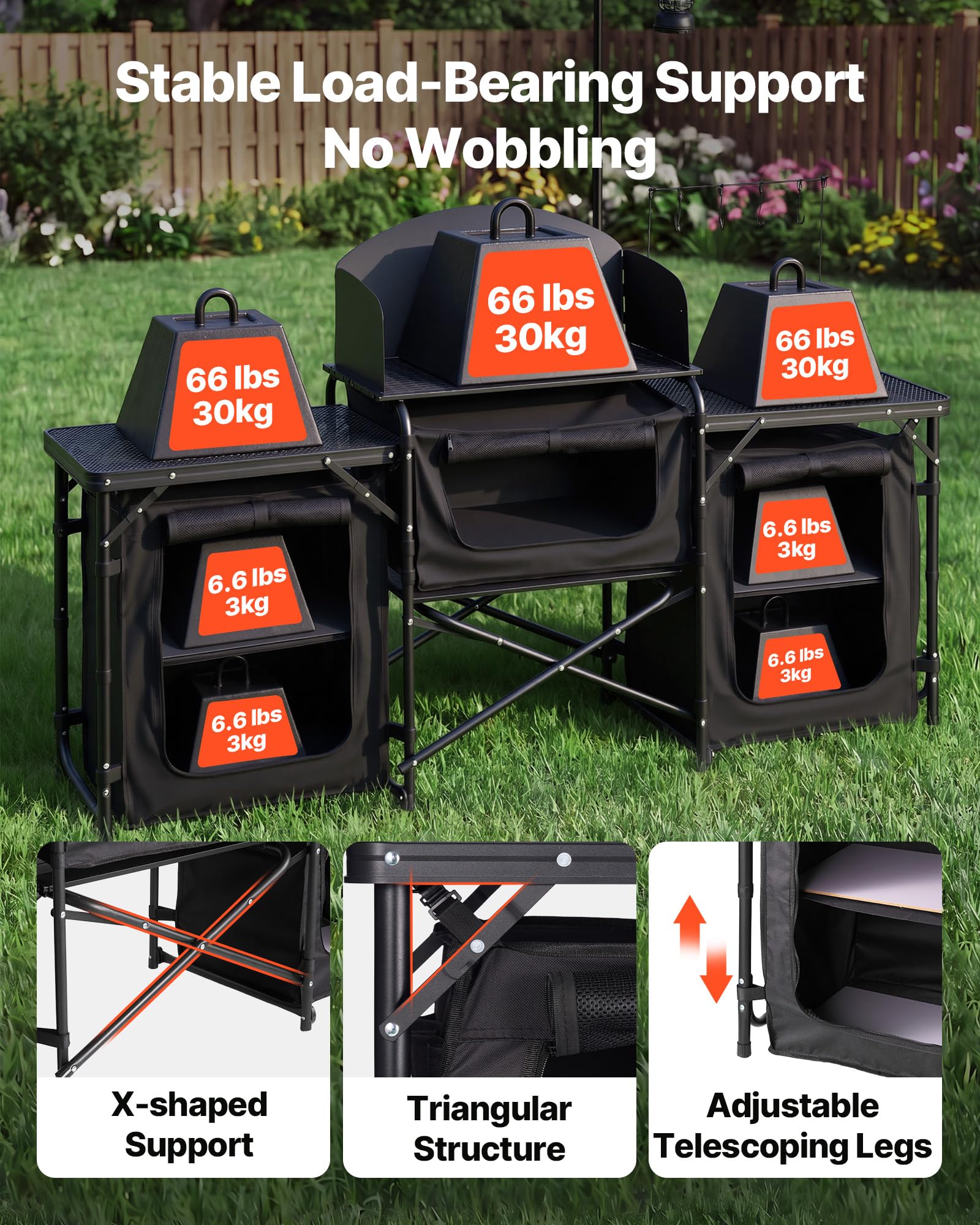VEVOR Mobiletto Cucina Portatile Pieghevole da Campeggio, Mobiletto da Campeggio 2 Tavolini Laterali Rete Metallica Paravento Rimovibile per Fornello 3 Scomparti Portaoggetti, Stazione Cucina BBQ