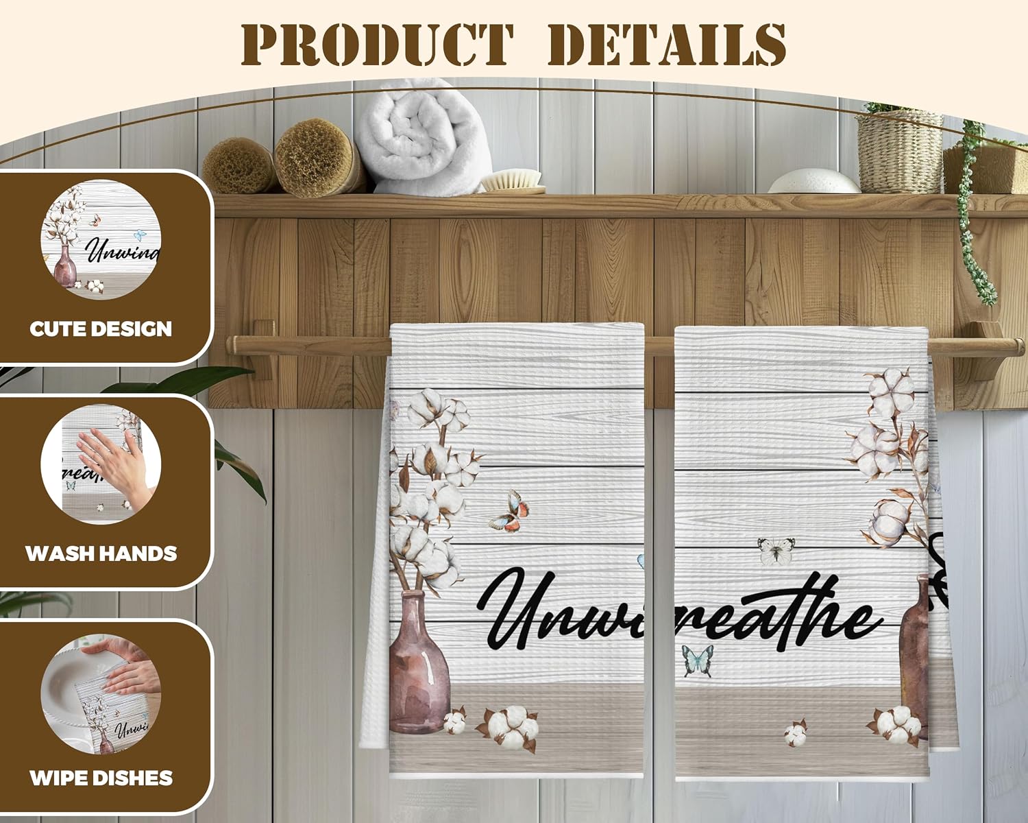 Kitchen Towels Set Of 2, Flower Vase Butterfly Dish Towel For Kitchen, Farm Vintage Bathroom Decorative Hand Towels, Farmhouse Fast Drying Tea Towel, Housewarming Xmas Gifts For Women Mom -B40 image 3