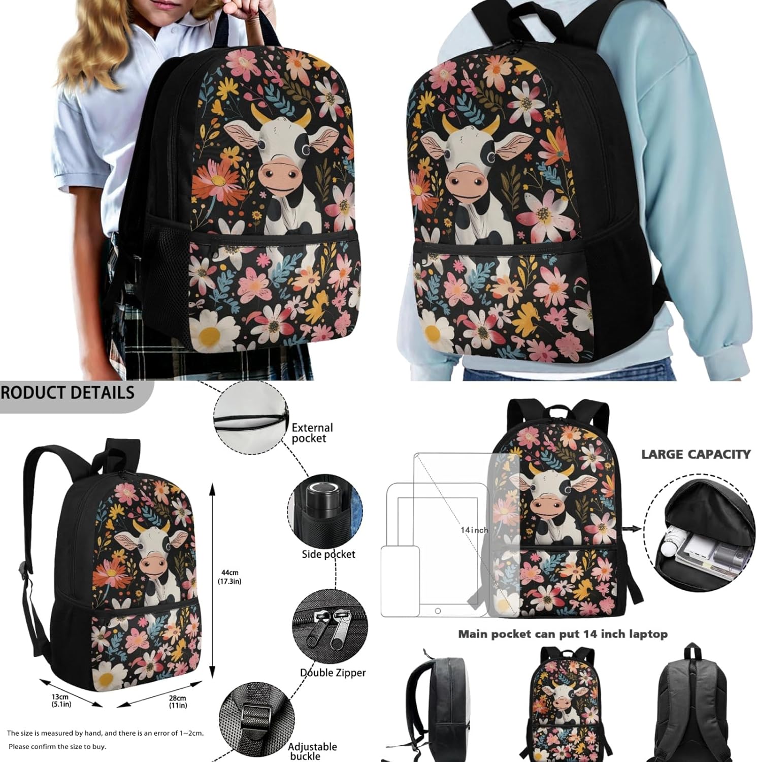 17 Inch School Backpack Set with Insulated Lunch Portable and Zipper Around Pencil Holder for Boys Girls, Back to School Gifts, Flower Cow