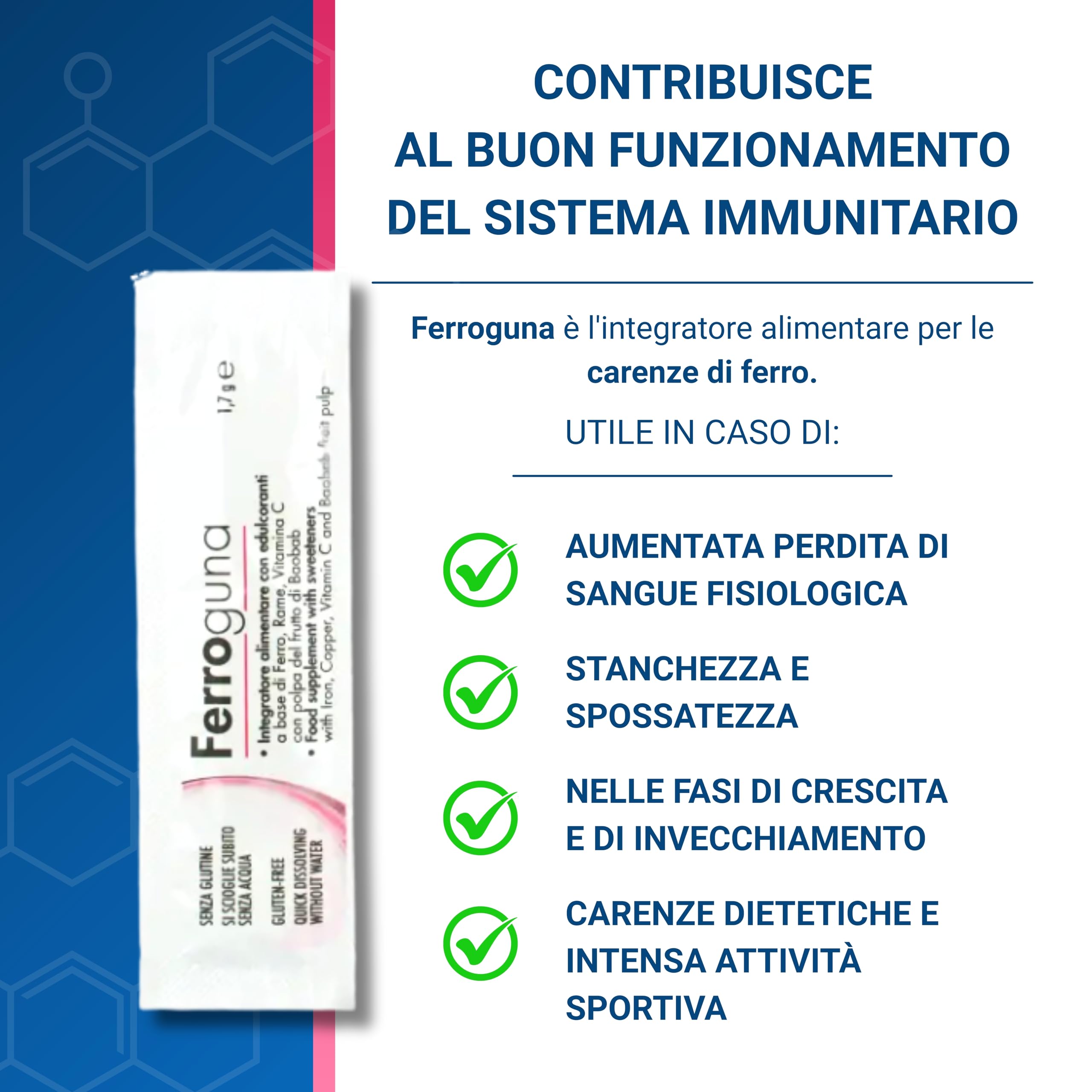 GUNA Ferroguna 28 Bustine Orosolubili - Integratore Alimentare a Base di Ferro, Rame, Vitamina C, con Polpa Disidratata del Frutto del Baobab