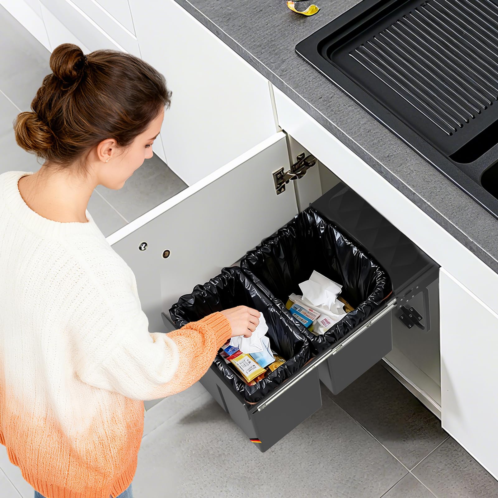 Huracan Mülleimer Küche Unterschrank Ausziehbar 40L, Mülleimer 2 Fächer, Mülltrennsystem Küche, Einbaumülleimer, Abfallsammler für Küchenschrank, Herausnehmbare Eimer, Platzsparend, Schwarz