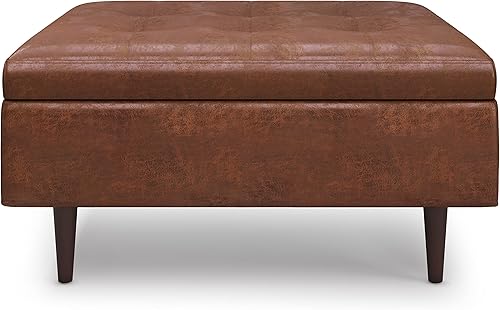 Miniatura 18 de SIMPLIHOME Shay - Otomana rectangular moderna de mediados de siglo de 48 pulgadas de ancho en piel sintética vegana envejecida, color marrón, Sillín