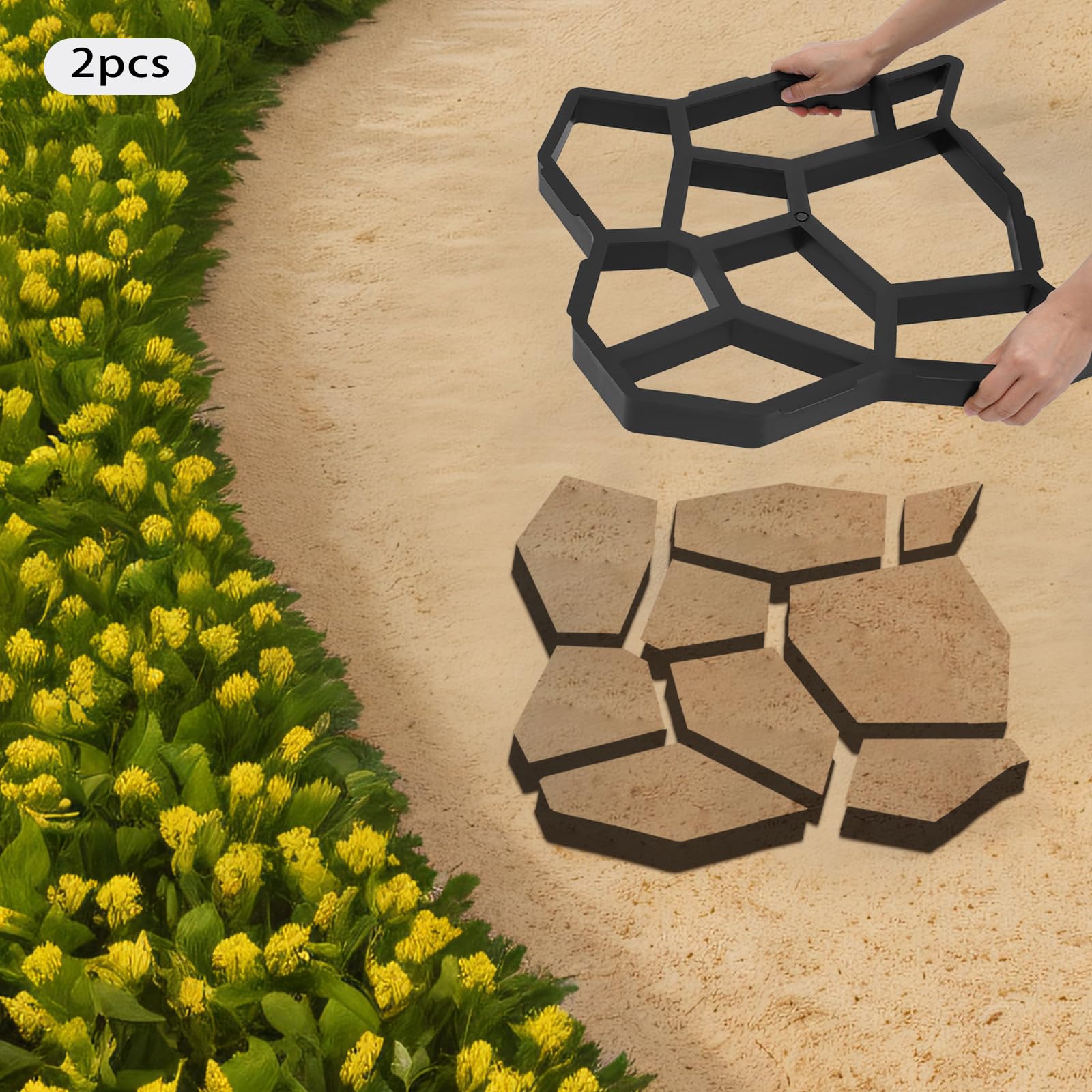 2er Set Betonform Gehweg 50x50cm – Schwarz Schalungsform für Pflastersteine, Form Kunststoff Pflasterform, DIY Gießform für Gartenwege & Einfahrt – Rutschfeste Betonplatten, Robust & Wiederverwendbar