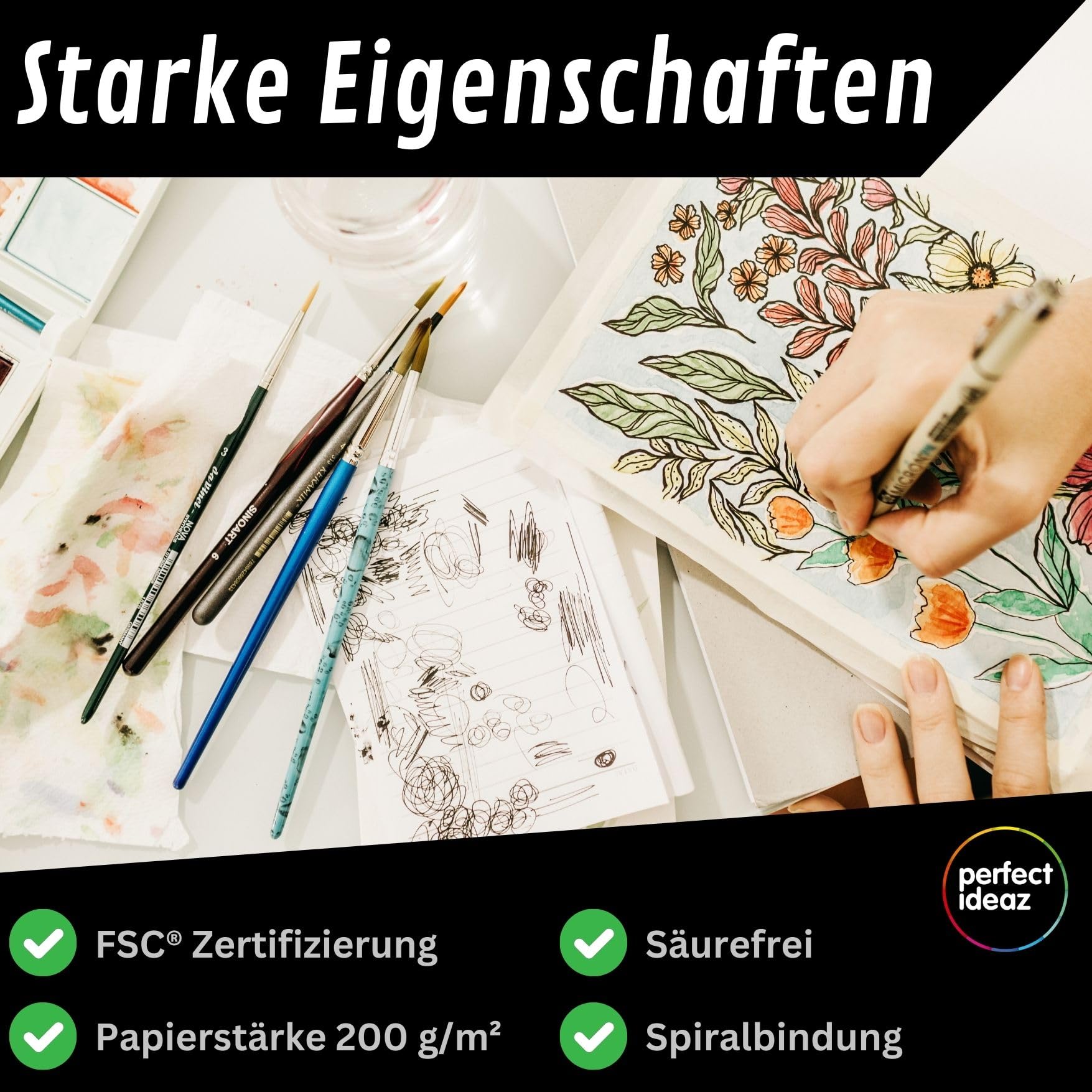 perfect ideaz - Skizzenbuch DIN-A5, Spiralbindung, FSC® zertifiziert, 96 Seite (48 Blatt), Hardcover Schwarz, Sketchbook, 200 g/m² dickes Papier, säurefrei (24 Skizzenbücher)