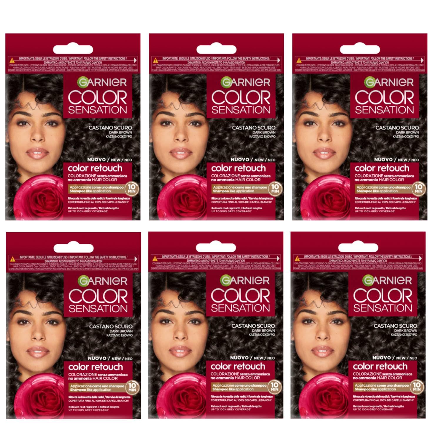 Garnier Color Sensation Retouch Retusz do odrastania włosów bez amoniaku w ciągu 10 minut (ciemny kastan, 6 sztuk)