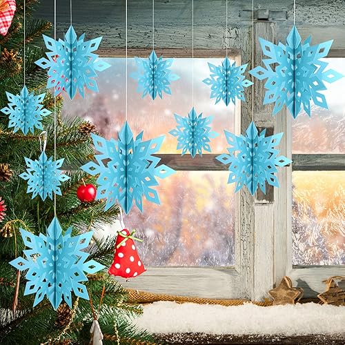 Miniatura 6 de MIAHART Decoraciones colgantes de copo de nieve de invierno, paquete de 12 guirnaldas colgantes de copos de nieve azules 3D, copos de nieve blancos