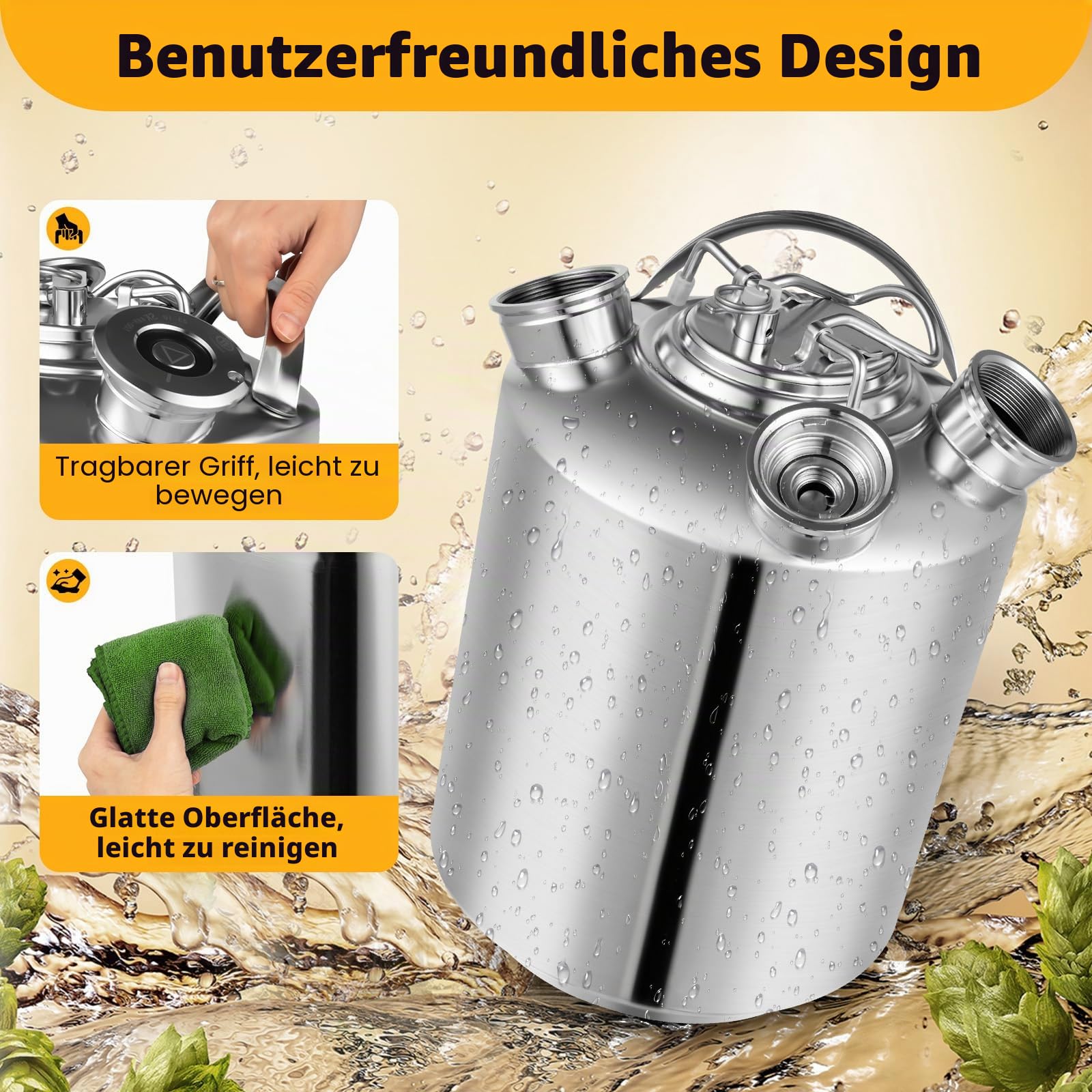 10-Liter-Keg-Reinigungsfass Edelstahl-Bierreinigungsbehälter 3 Kopfhähne Reinigungsfass für Keg-Zapfanlagen