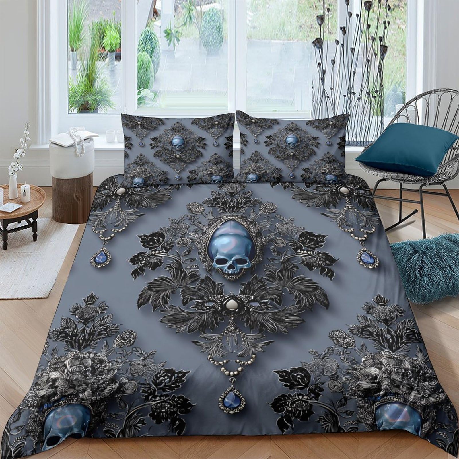 Ctjqhvkz Style-4 3D Printed Baroque Skull Fitted Sheet Microfiber Soft Grey Gothic Pattern Mattress Cover For Bedroom Living Room Single（135X200cm）