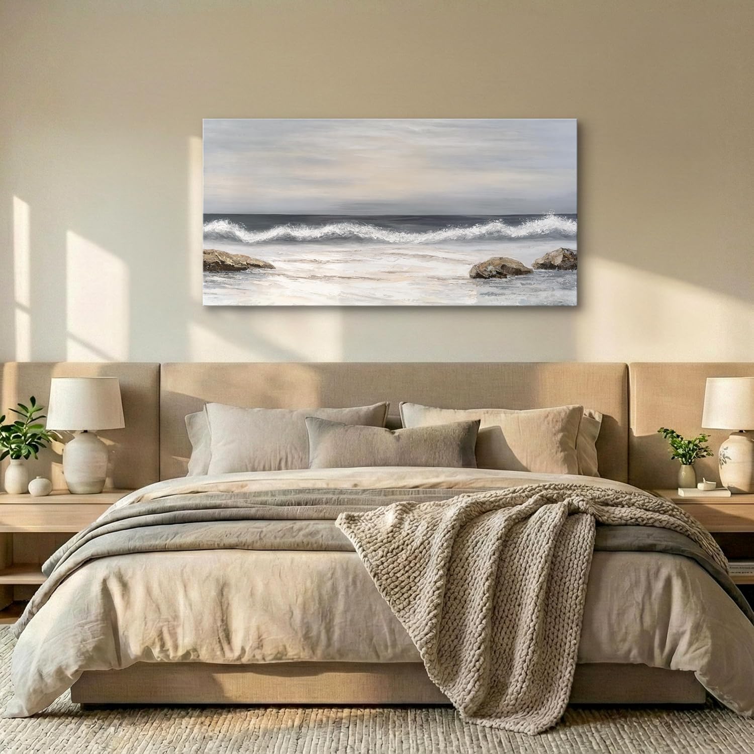 SENROLAN Neutral Blue Grey Seascape Canvas Wall Art, Coastal Ocean Waves Horizontal Wall Decor for Living Room, Large Above Sofa Modern Coastal Home Decor, 48x24 Inch