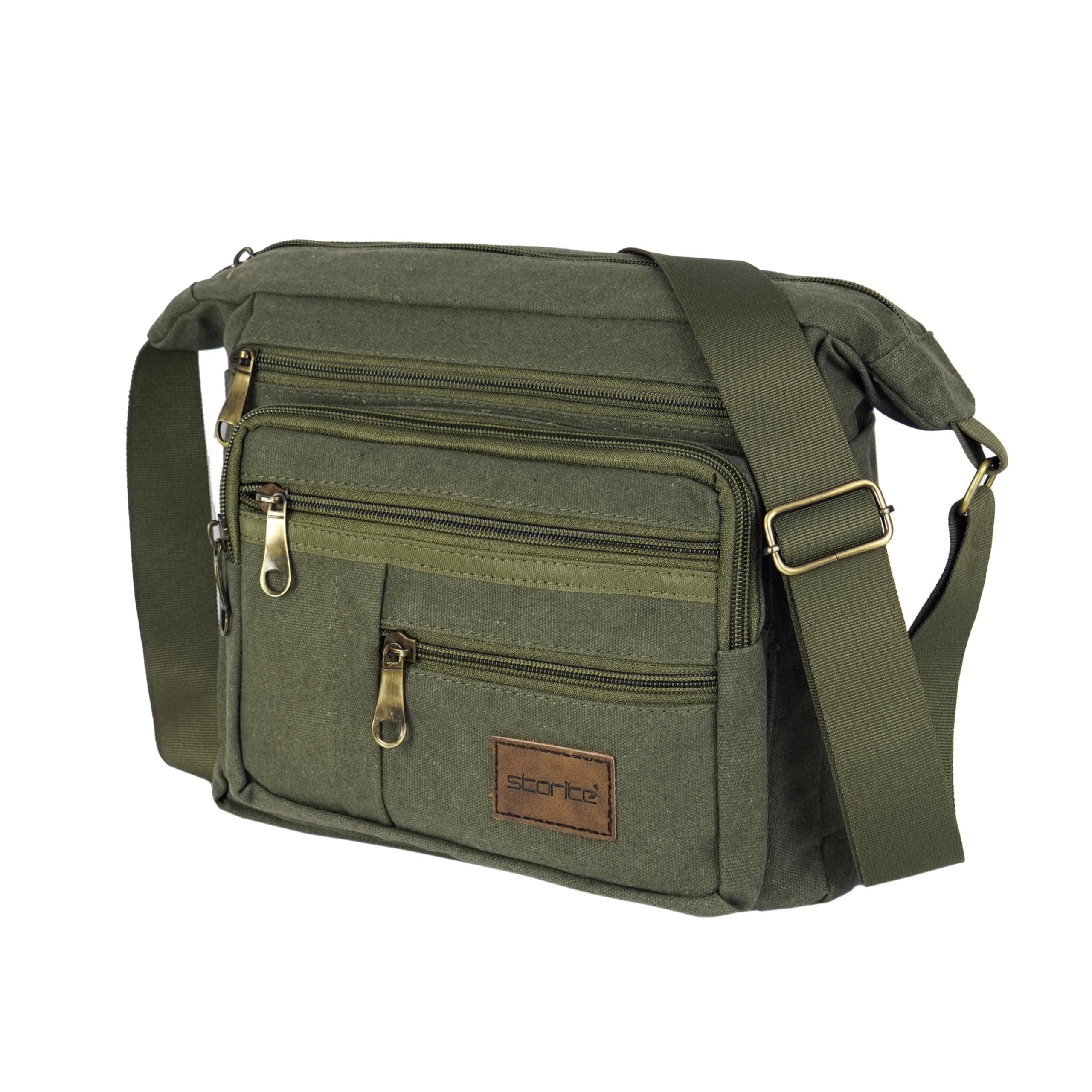 Canvas Sling Crossbody Messenger Bag for Men & Women Multi-Pocket One-Shoulder Travel Bag with Adjustable Strap (Olive - 27 x 10 x 23 Cm)